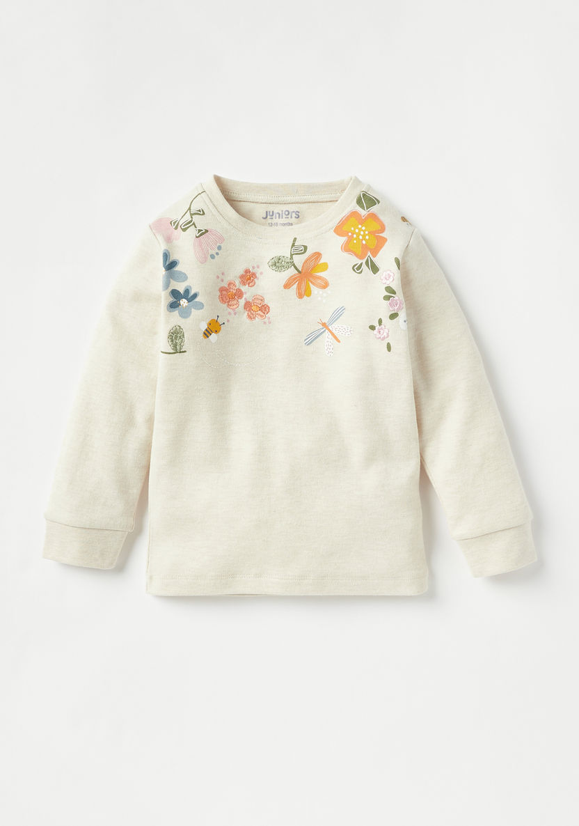 Juniors Floral Print Long Sleeves T-shirt and Pyjama Set-Pyjama Sets-image-1