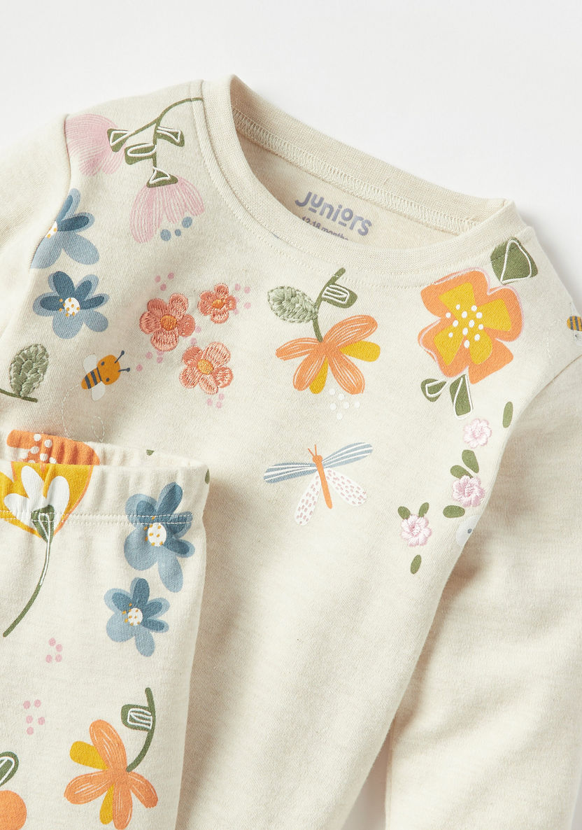 Juniors Floral Print Long Sleeves T-shirt and Pyjama Set-Pyjama Sets-image-3