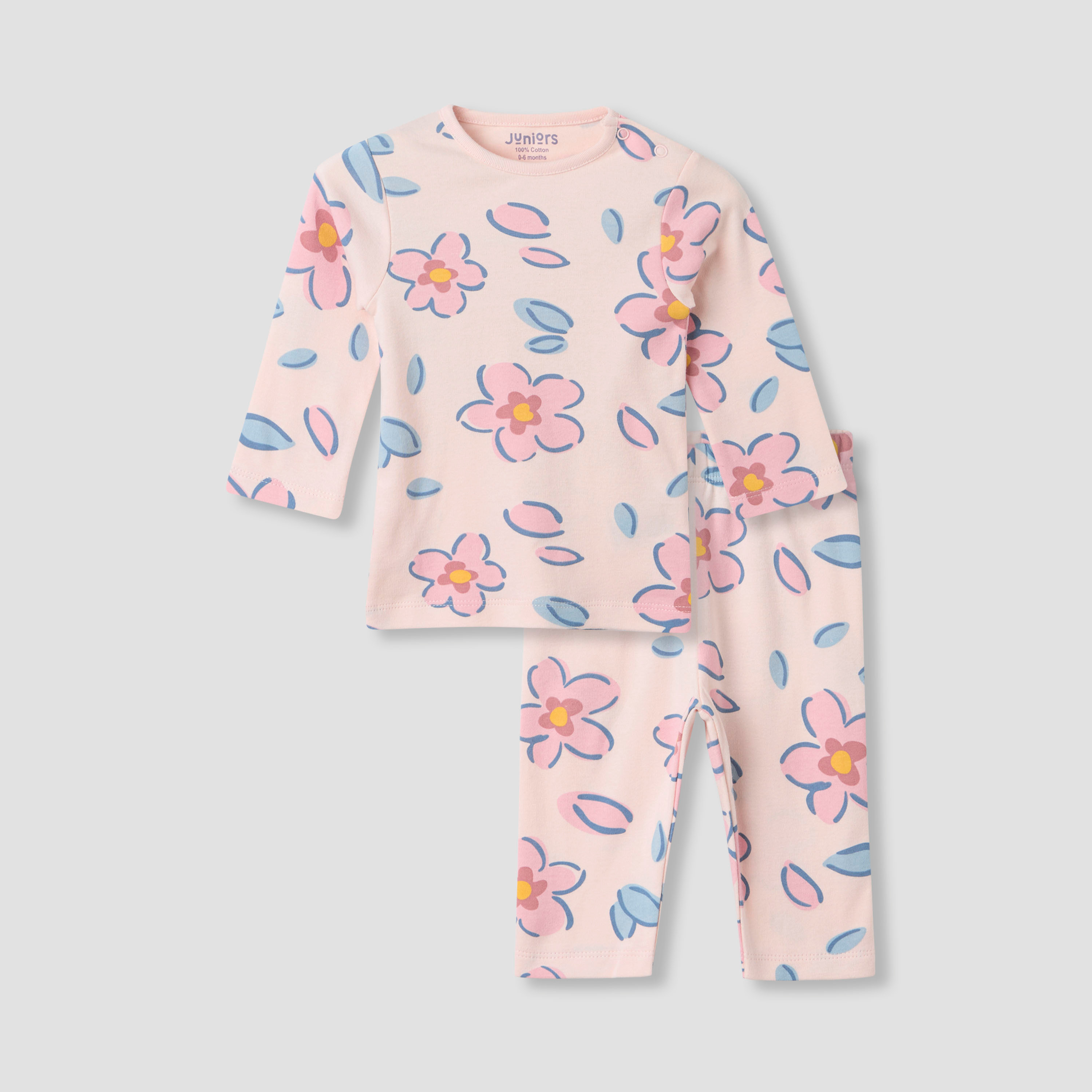 Juniors Floral Print Long Sleeve T-shirt and Pyjama Set-baby-girls-clothing-nightwear-pyjamasets-image-1