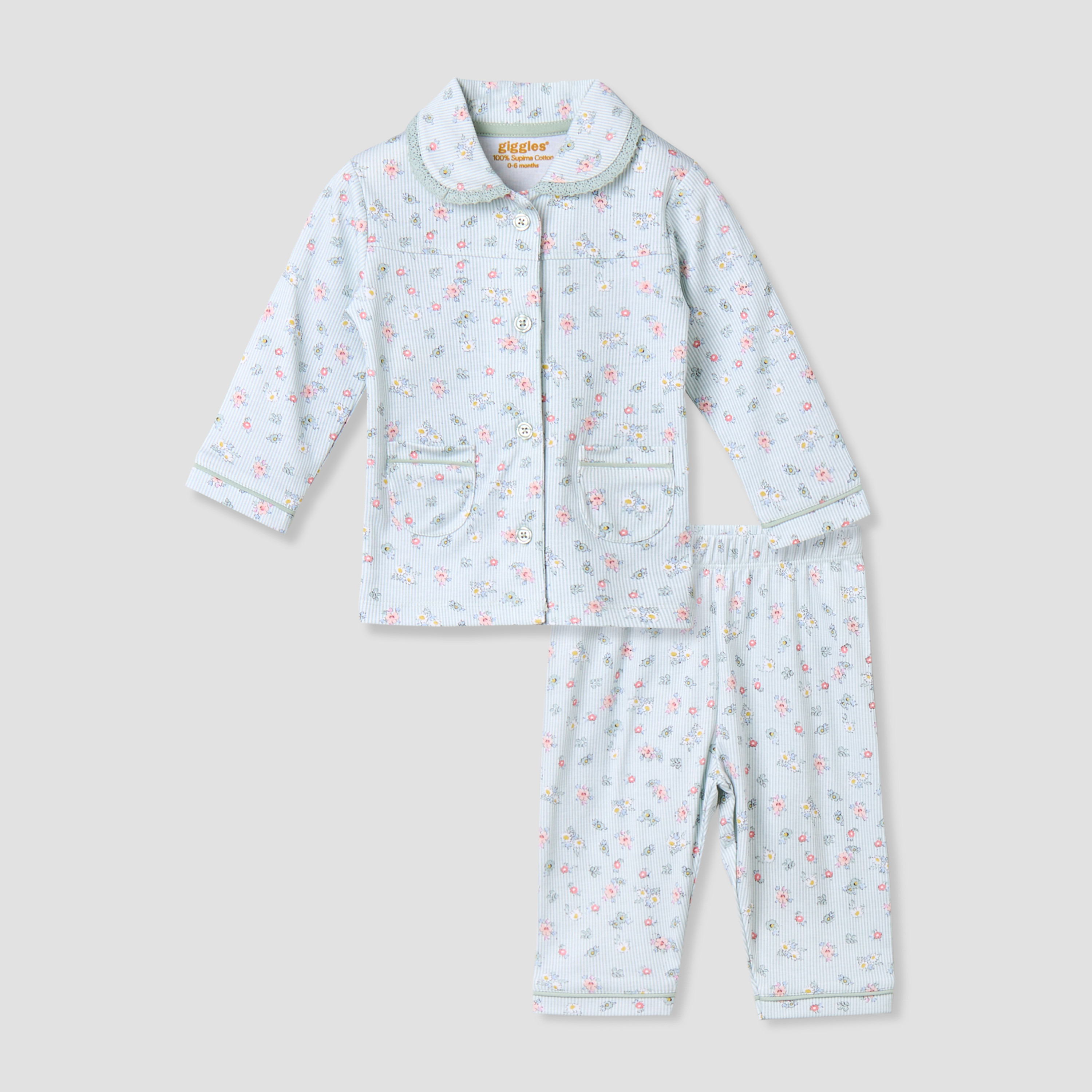 Giggles Cotton Collared Long Sleeves Pyjama Set with Floral Print-baby-girls-clothing-nightwear-pyjamasets-image-2