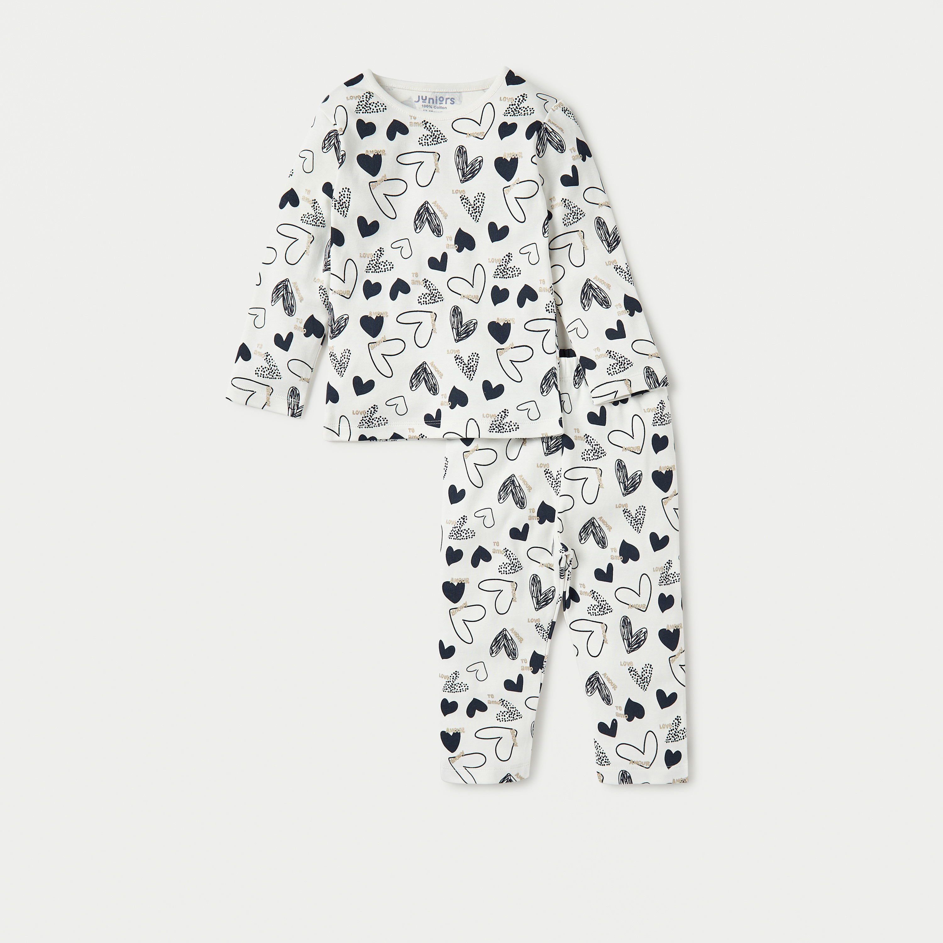 Juniors All-Over Heart Print Long Sleeves T-shirt and Pyjama Set-baby-girls-clothing-nightwear-pyjamasets-image-1