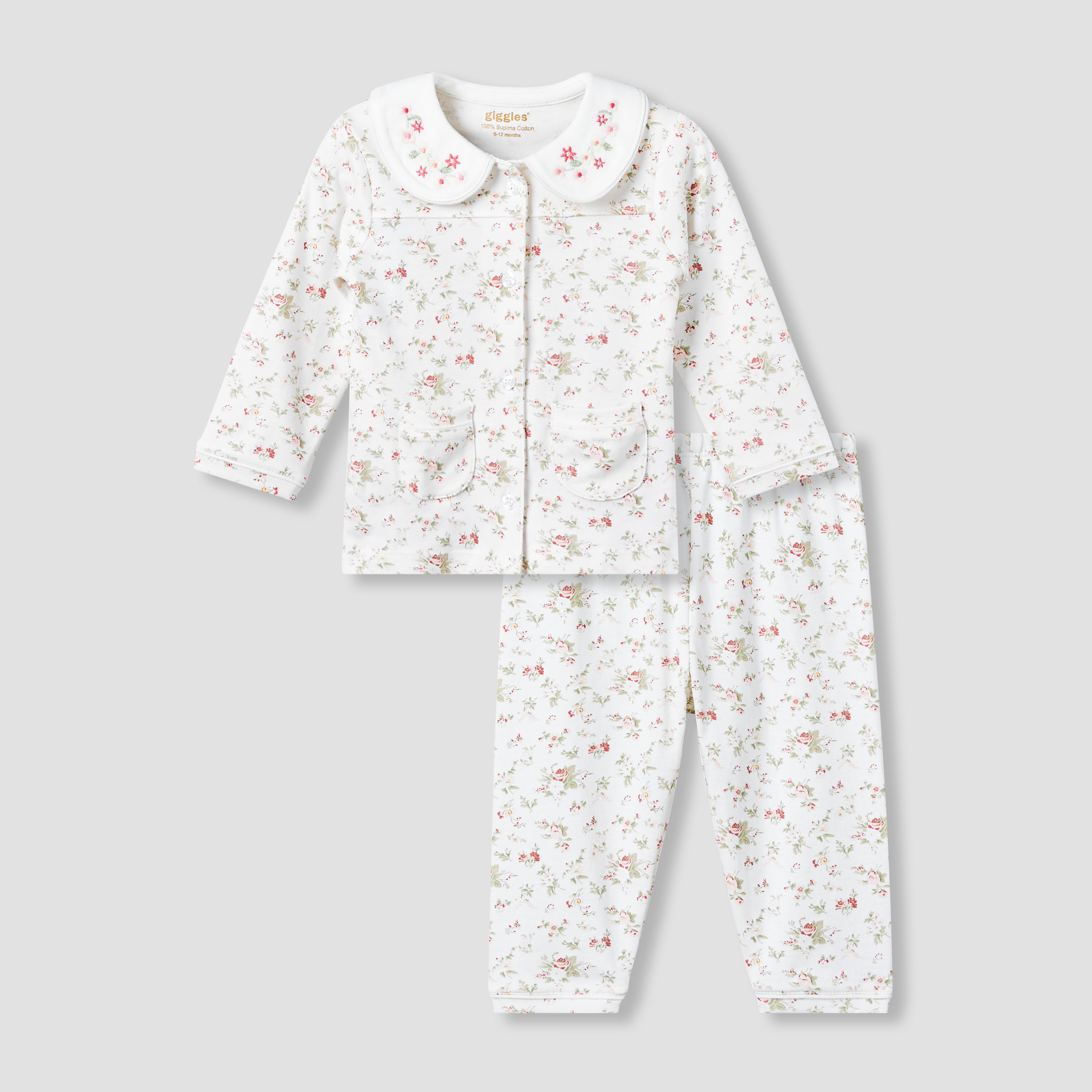 Giggles Cotton Peter Pan Collar Long Sleeves Pyjama Set with Floral Print-baby-girls-clothing-nightwear-pyjamasets-image-1