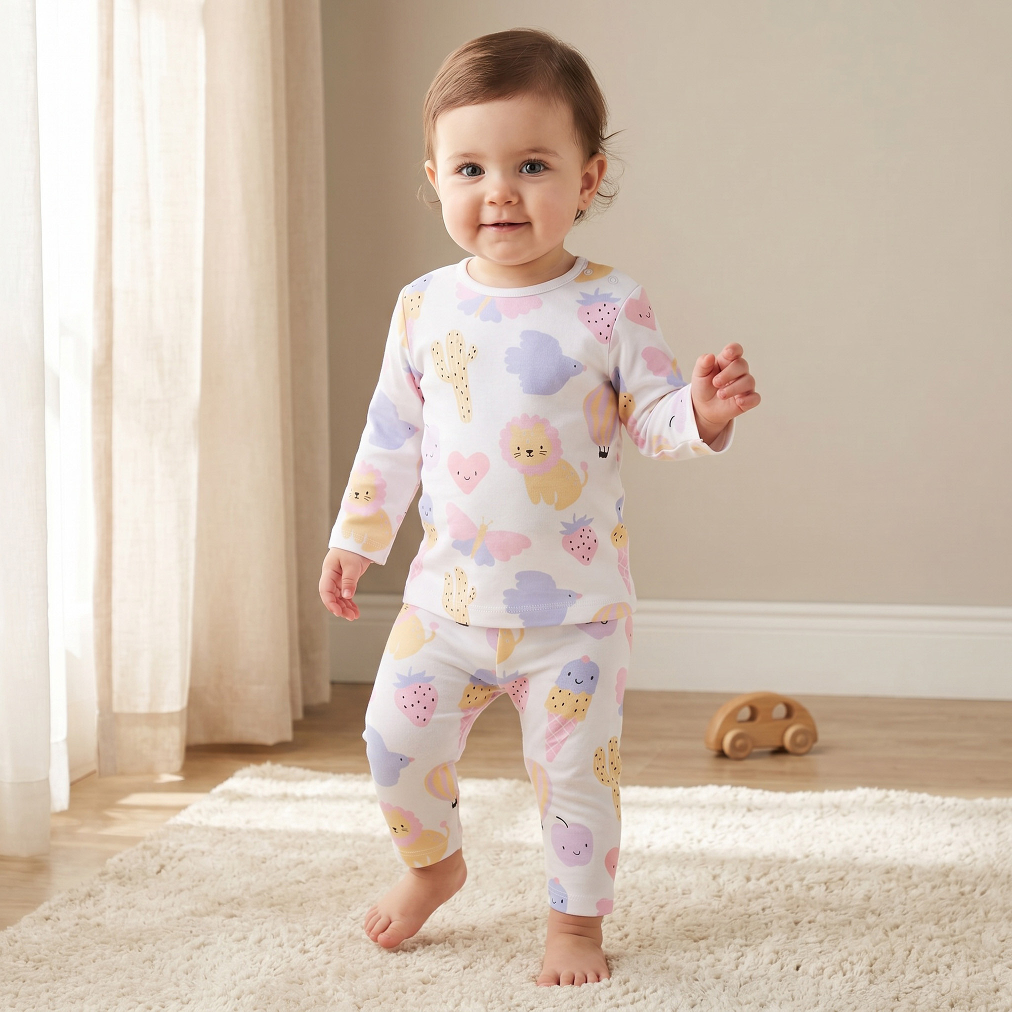 طقم بيجاما قطني بياقة مستديرة وأكمام طويلة بطبعة آيس كريم من جونيورز-baby-girls-clothing-nightwear-pyjamasets-image-1