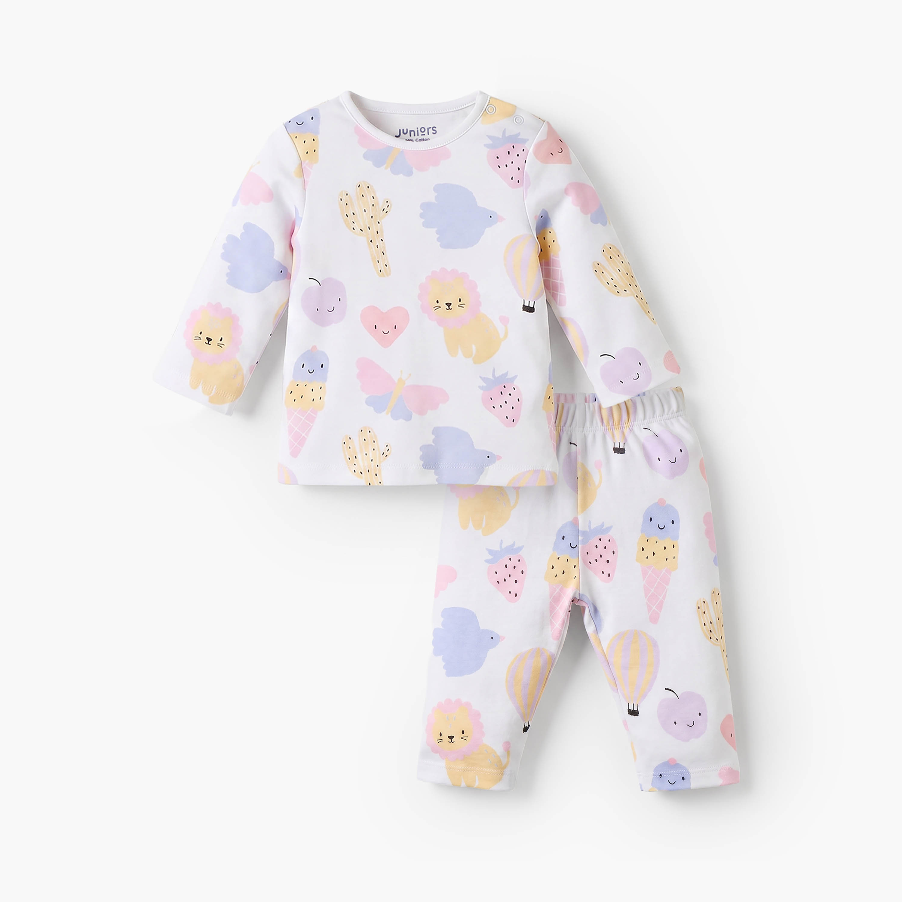 طقم بيجاما قطني بياقة مستديرة وأكمام طويلة بطبعة آيس كريم من جونيورز-baby-girls-clothing-nightwear-pyjamasets-image-2