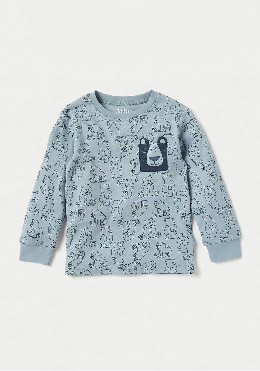 Juniors Bear Print Long Sleeves T-shirt and Pyjama Set-Pyjama Sets-image-1