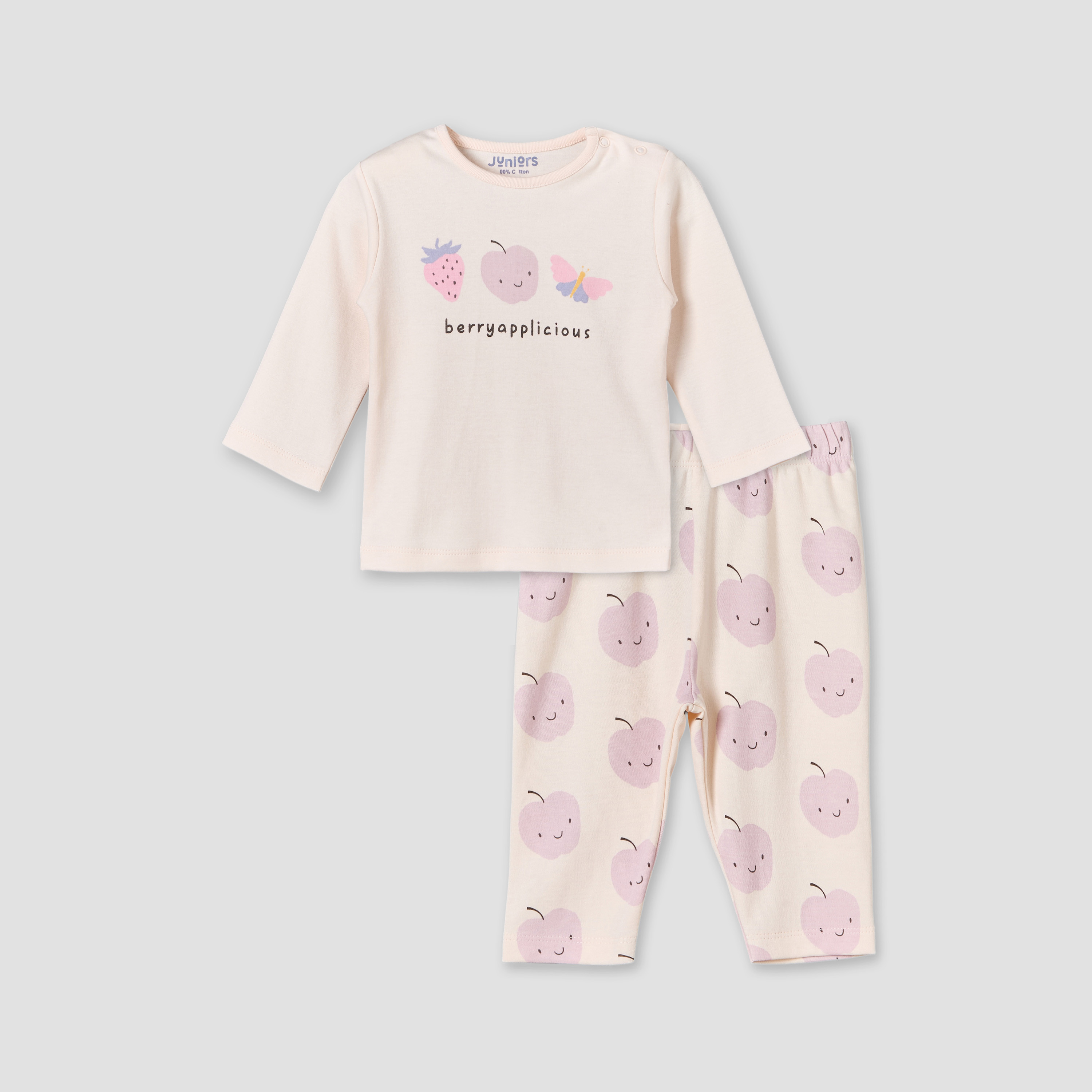 طقم بيجاما قطنية بياقة دائرية وأكمام طويلة للبنات بطبعة تفاح-baby-girls-clothing-nightwear-pyjamasets-image-1