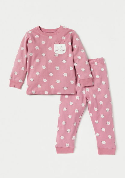 Juniors Cat Print Long Sleeves T-shirt and Pyjama Set-Pyjama Sets-image-0
