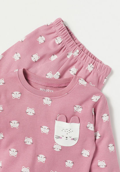 Juniors Cat Print Long Sleeves T-shirt and Pyjama Set-Pyjama Sets-image-3