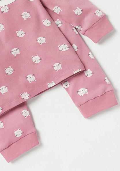Juniors Cat Print Long Sleeves T-shirt and Pyjama Set-Pyjama Sets-image-4