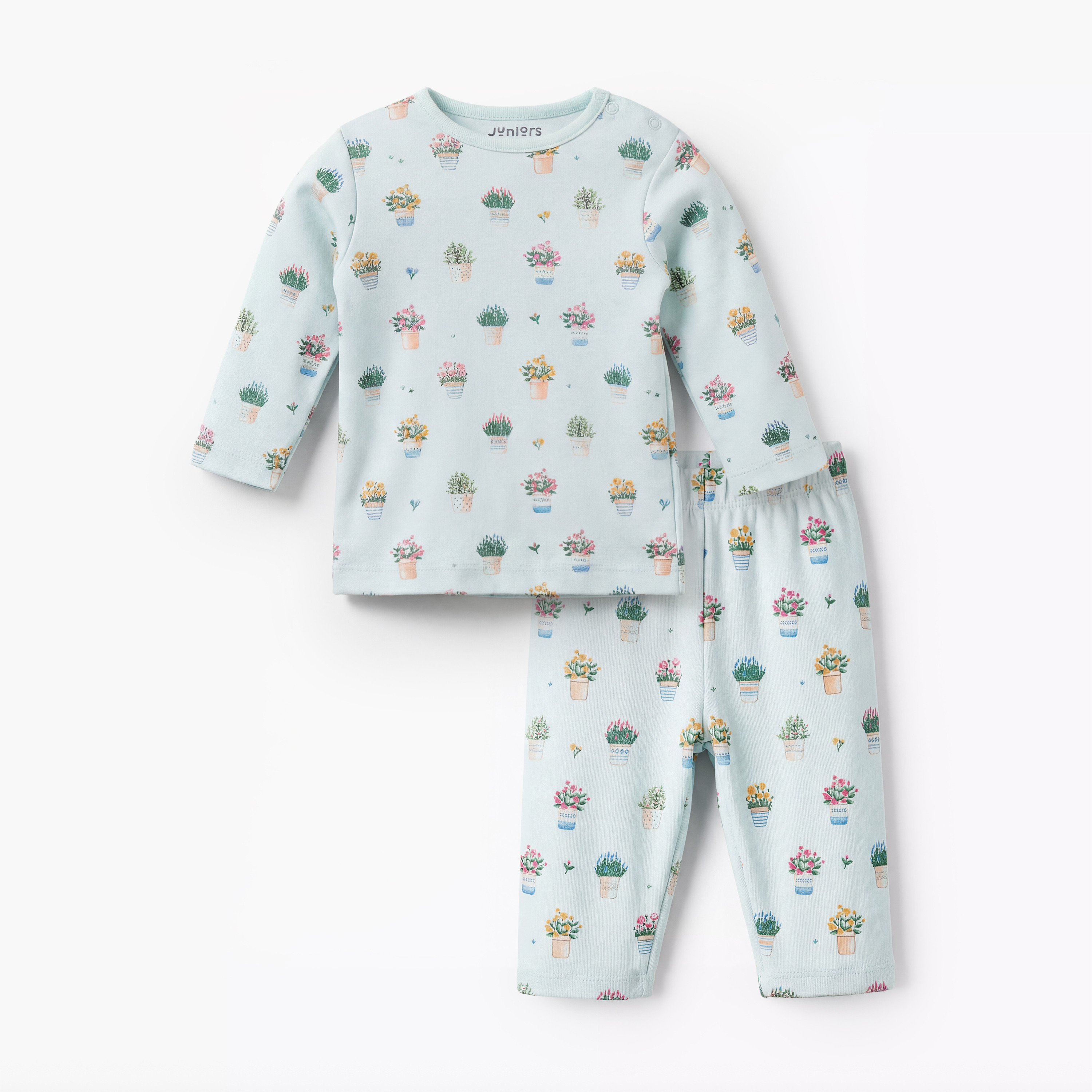 Juniors Cotton Round Neck Long Sleeves Pyjama Set with Flower Pot Print-baby-girls-clothing-nightwear-pyjamasets-image-2