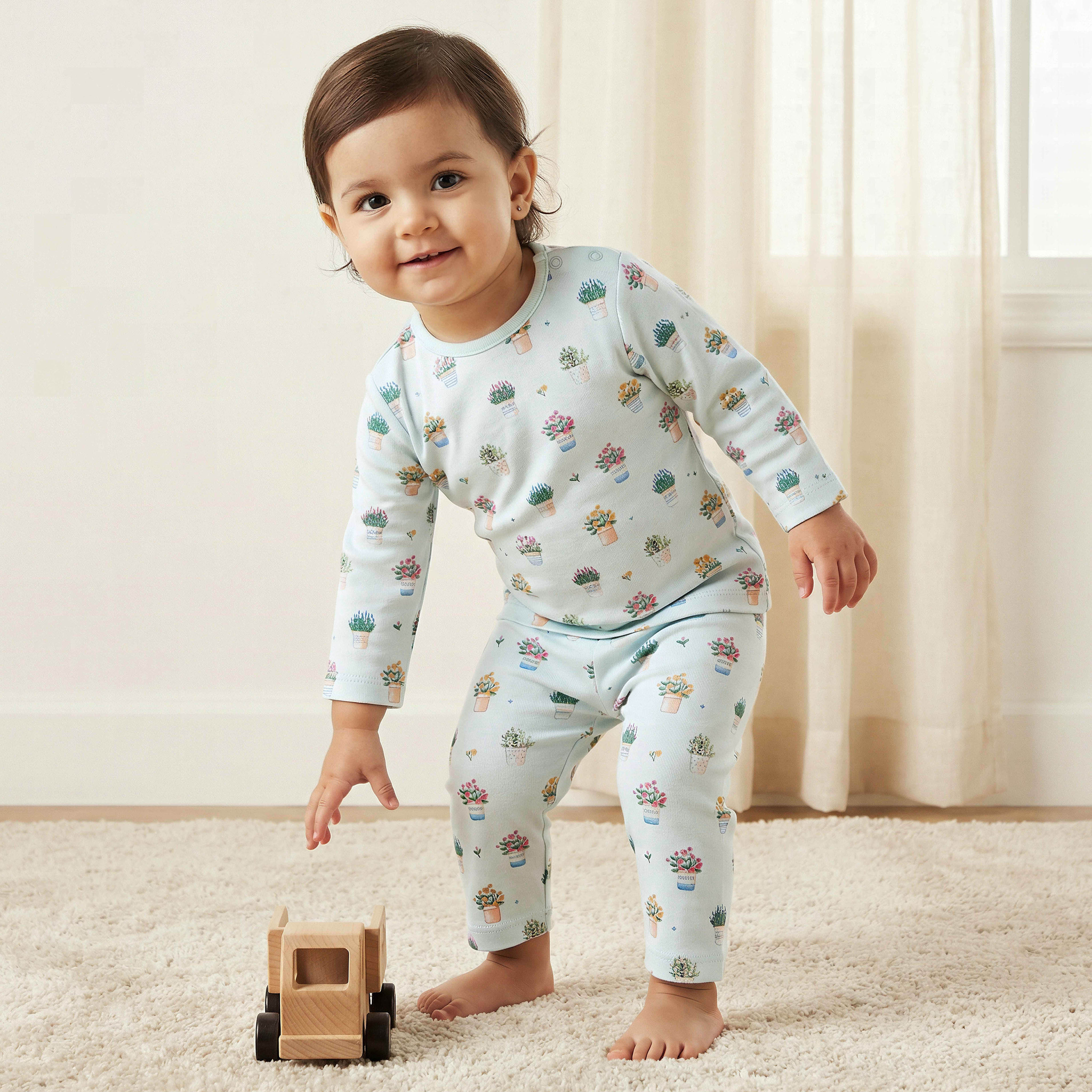 Juniors Cotton Round Neck Long Sleeves Pyjama Set with Flower Pot Print-baby-girls-clothing-nightwear-pyjamasets-image-1