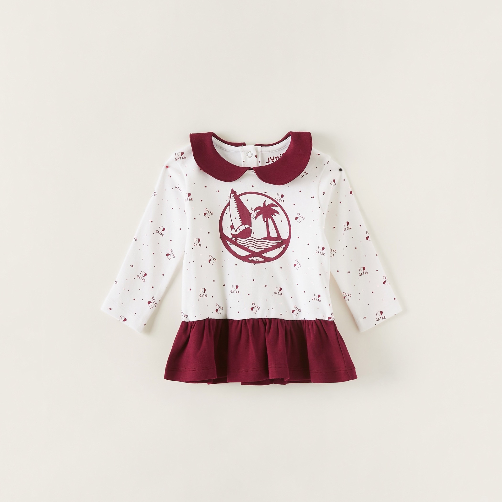 Juniors Qatar National Day Print Dress with Long Sleeves-baby-girls-clothing-dressesandjumpsuits-image-1