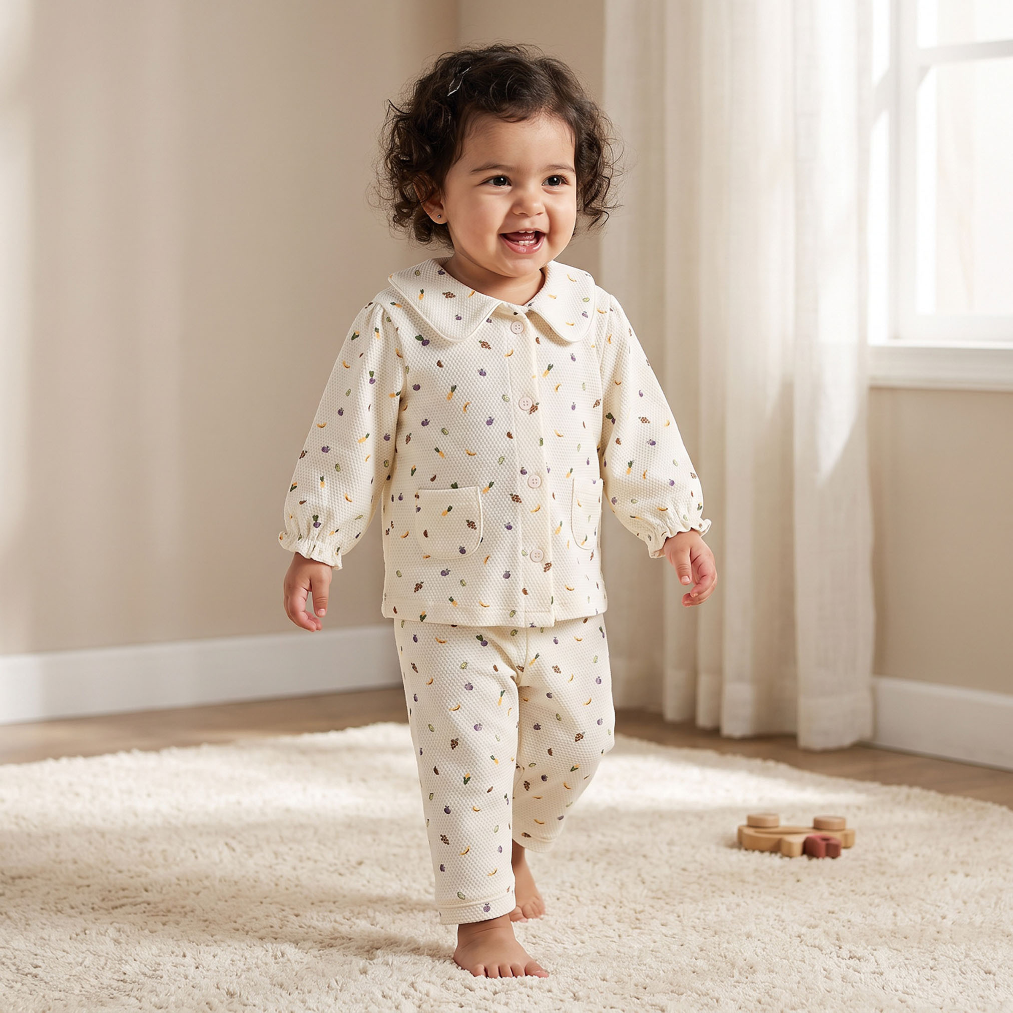 طقم بيجاما قطن بياقة وأكمام طويلة بطبعات فواكه من جونيورز-baby-girls-clothing-nightwear-pyjamasets-image-1