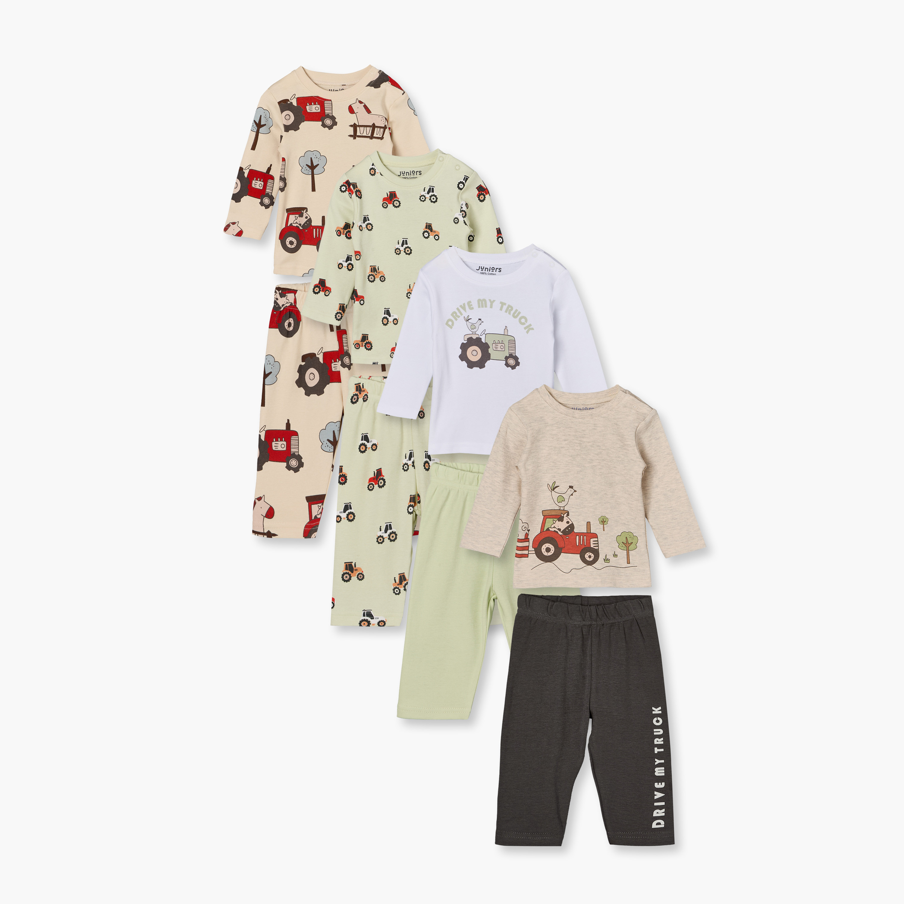 Pack of 4 Juniors Cotton Crew Neck Long Sleeves Pyjama Set with Construction Vehicle Print-baby-boys-clothing-nightwear-pyjamasets-image-1