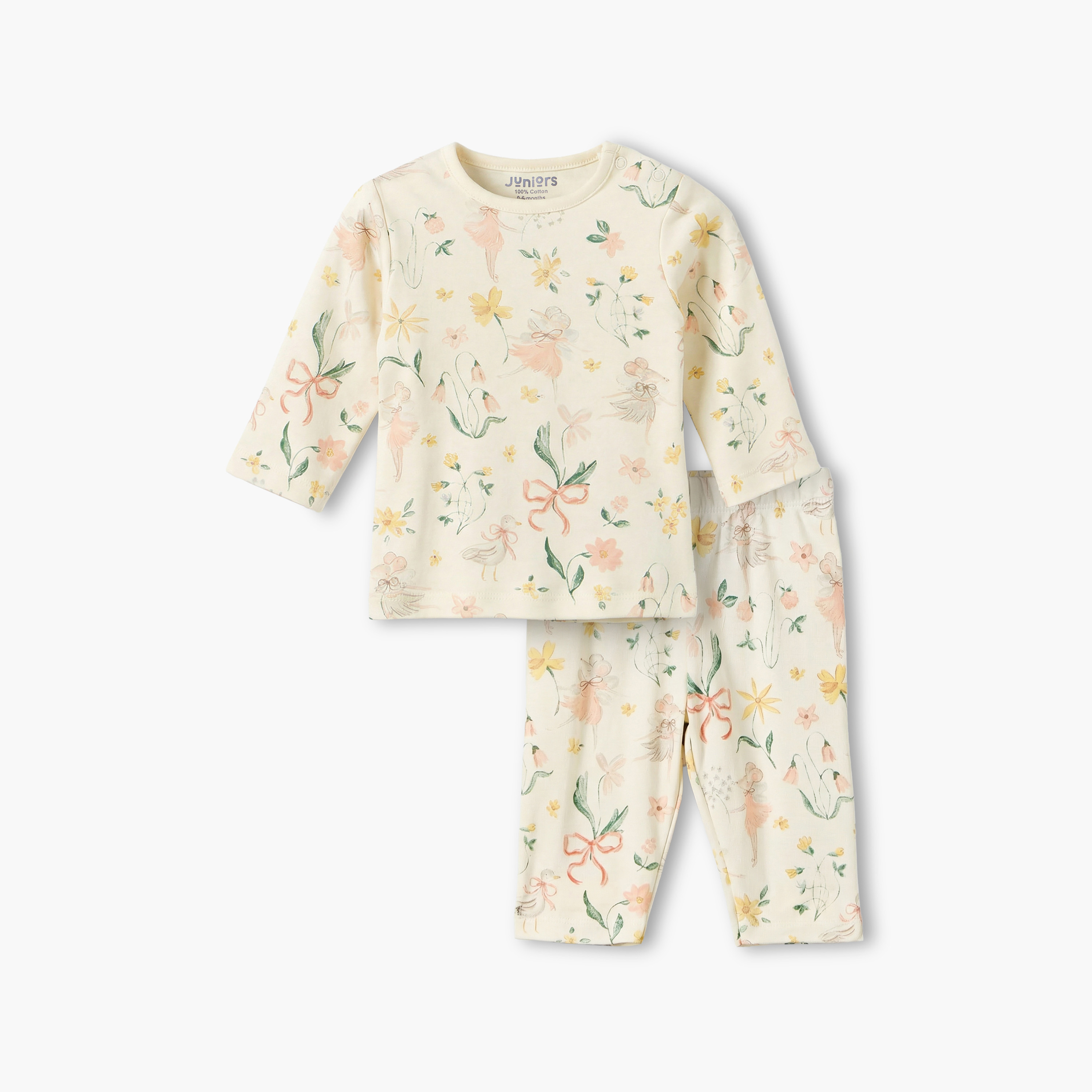 Juniors Cotton Round Neck Long Sleeves Pyjama Set with Botanical Print-baby-girls-clothing-nightwear-pyjamasets-image-2