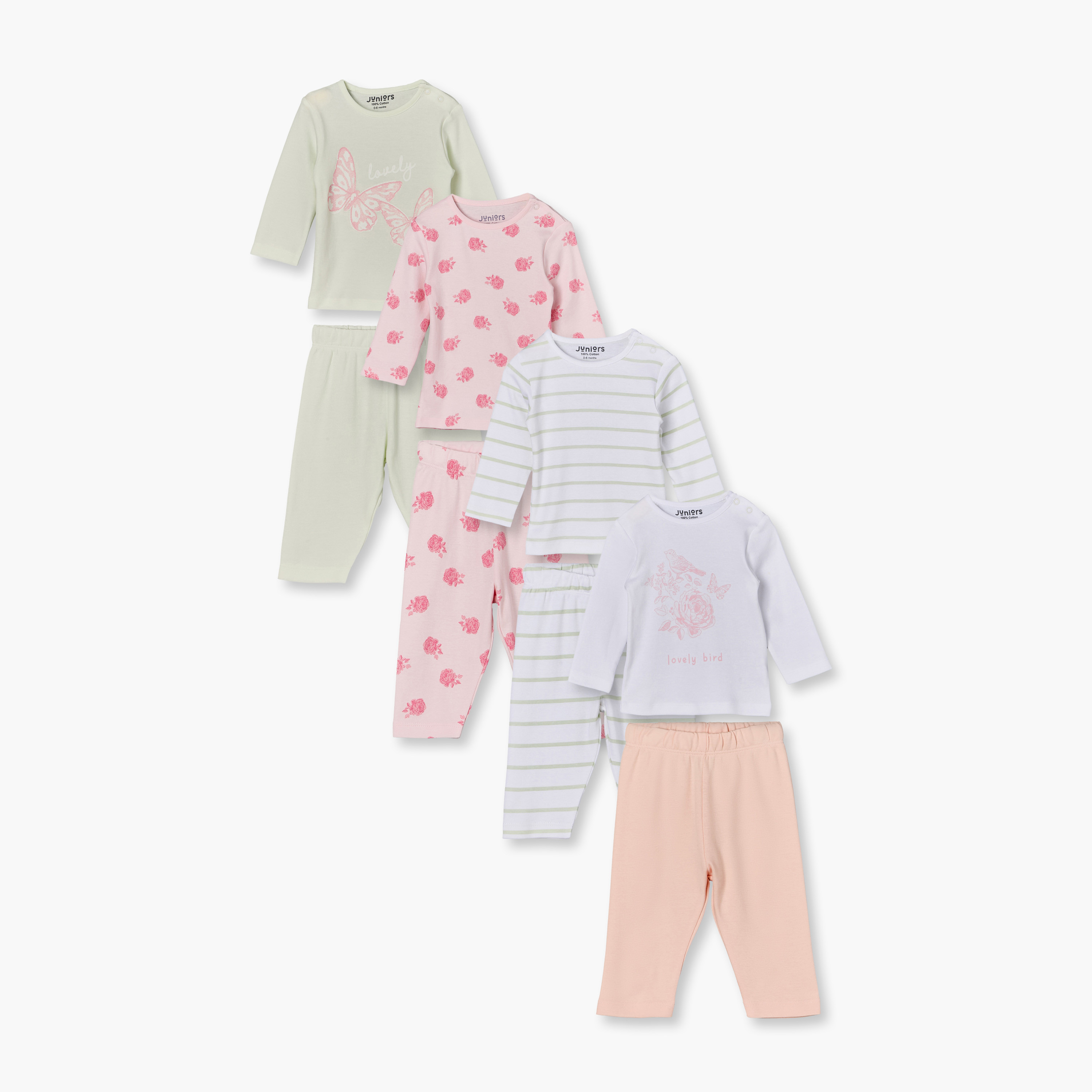 طقم بيجاما قطن بأكمام طويلة وياقة ضيقة وطبعات فراشات من جونيورز - عبوة من 4 قطع-baby-girls-clothing-nightwear-pyjamasets-image-1