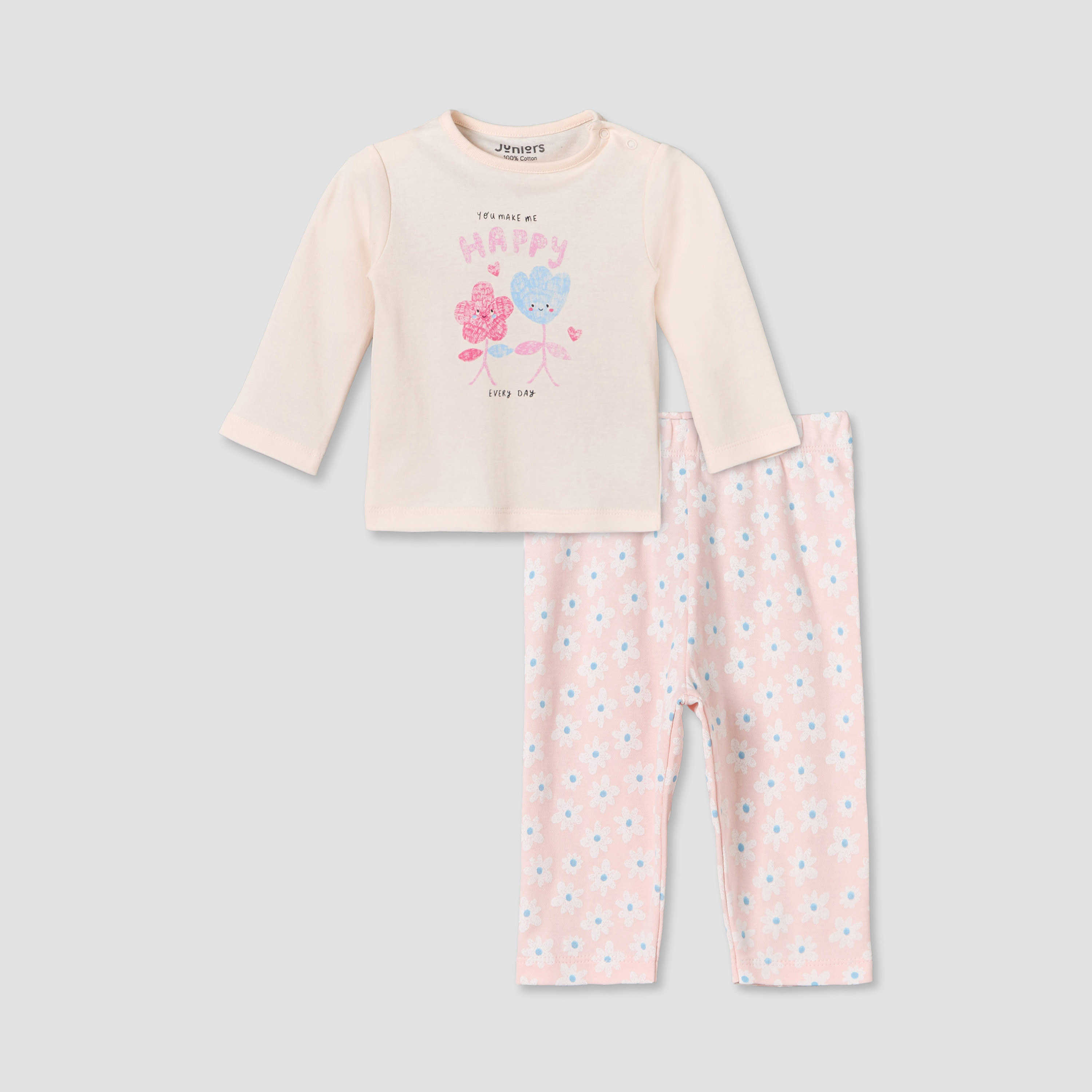 Juniors Cotton Round Neck Long Sleeves Pyjama Set with Floral Print-baby-girls-clothing-nightwear-pyjamasets-image-1