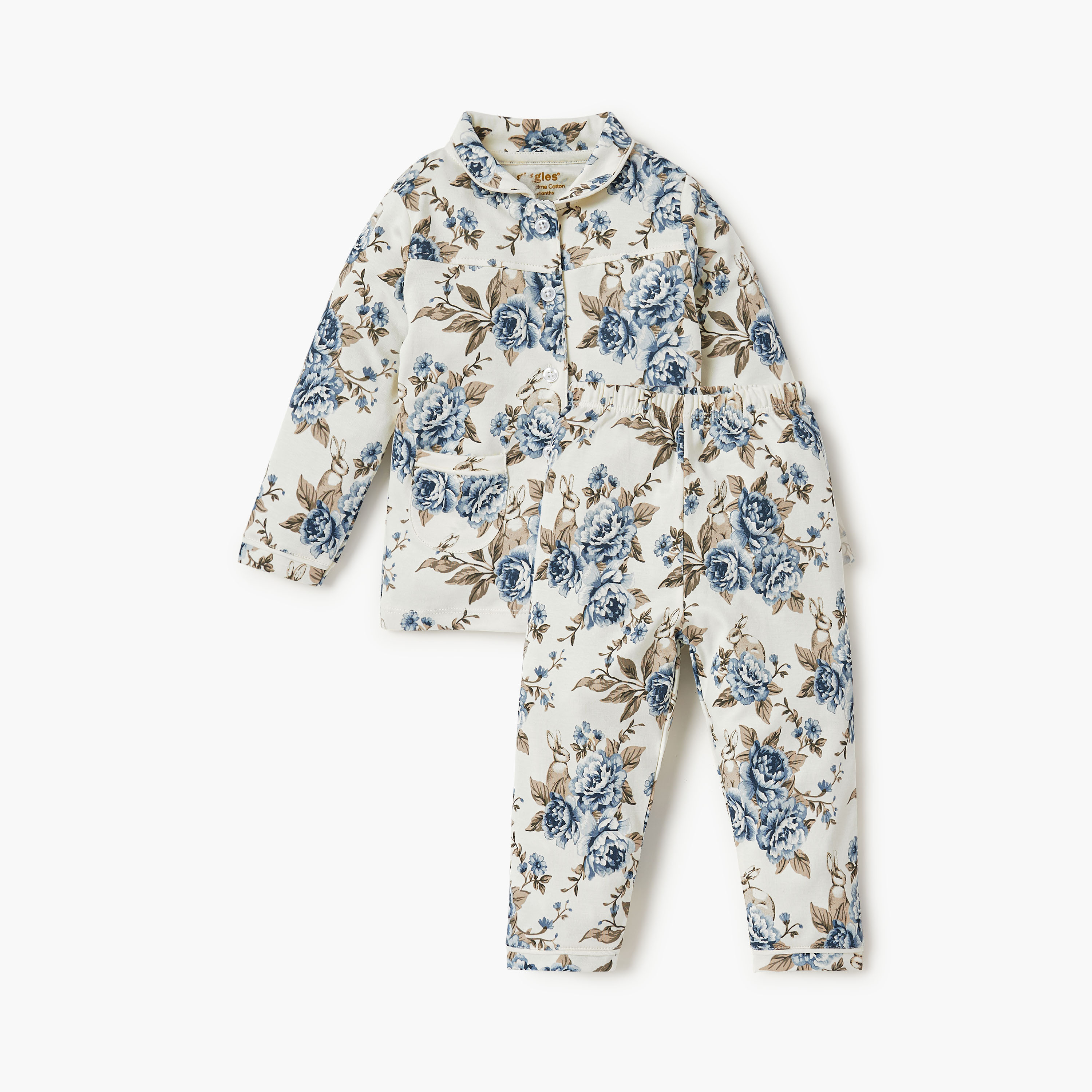 Giggles Floral Print Shirt and Pyjama Set-baby-girls-clothing-nightwear-pyjamasets-image-1