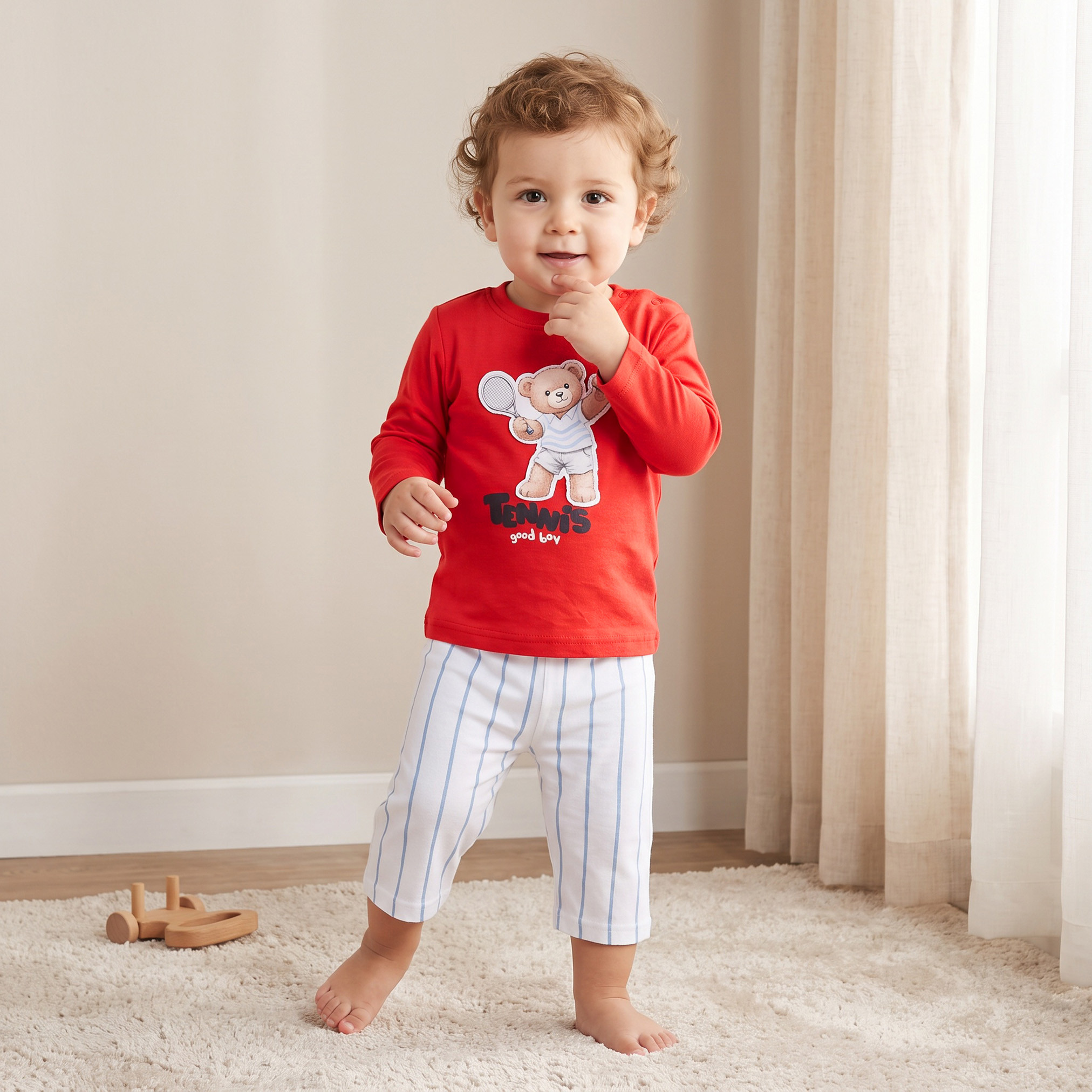 طقم بيجاما قطن بياقة ضيقة وأكمام طويلة وزخارف دب من جونيورز-baby-boys-clothing-nightwear-pyjamasets-image-1