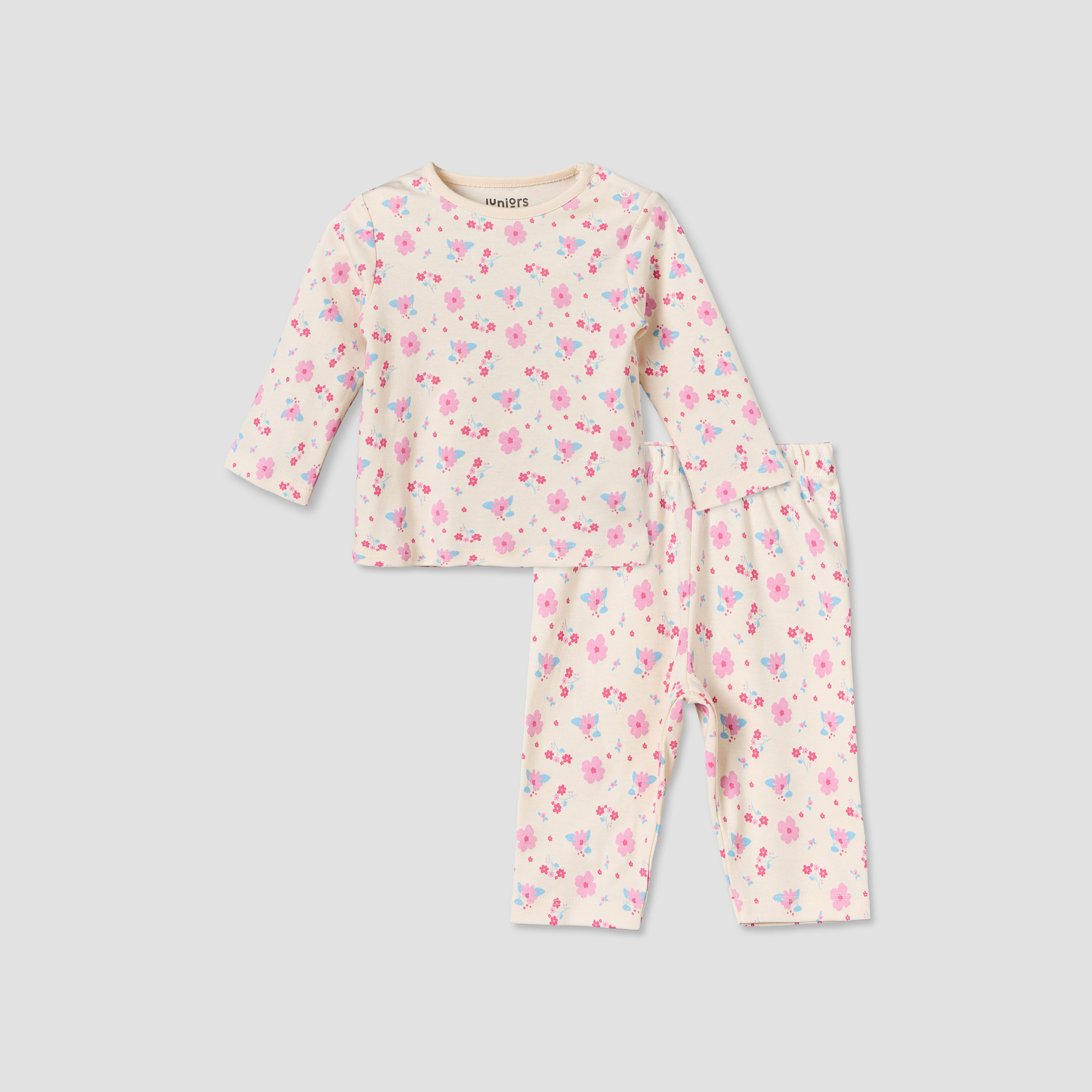 Juniors Cotton Crew Neck Long Sleeves Pyjama Set with Floral Print-baby-girls-clothing-nightwear-pyjamasets-image-1