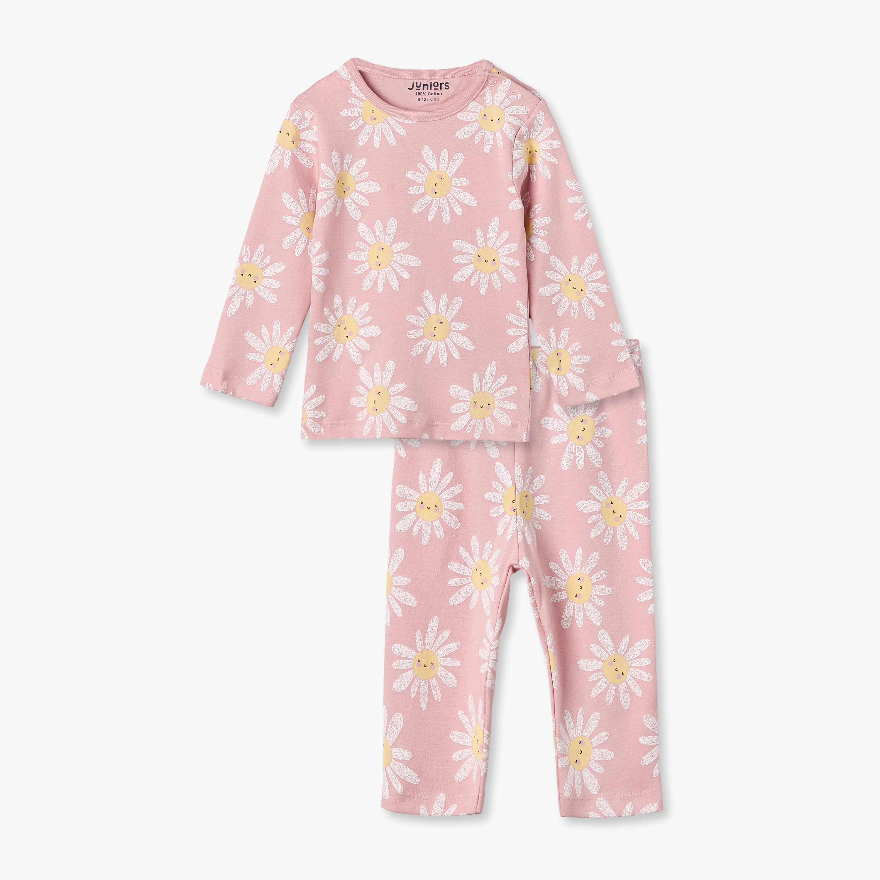 طقم بيجاما قطن بأكمام طويلة وياقة مستديرة بطبعات زهور من جونيورز-baby-girls-clothing-nightwear-pyjamasets-image-2