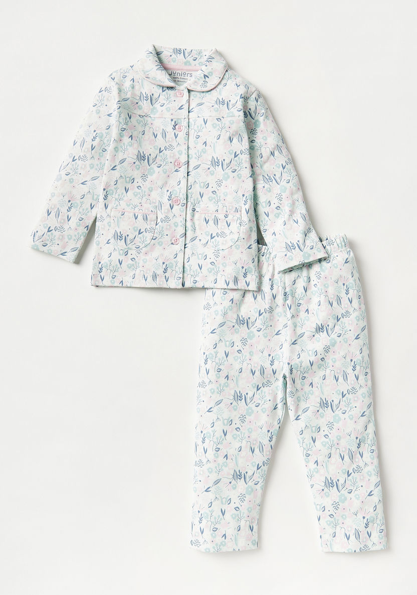 Juniors All-Over Floral Print Long Sleeves Shirt and Pyjama Set-Pyjama Sets-image-0