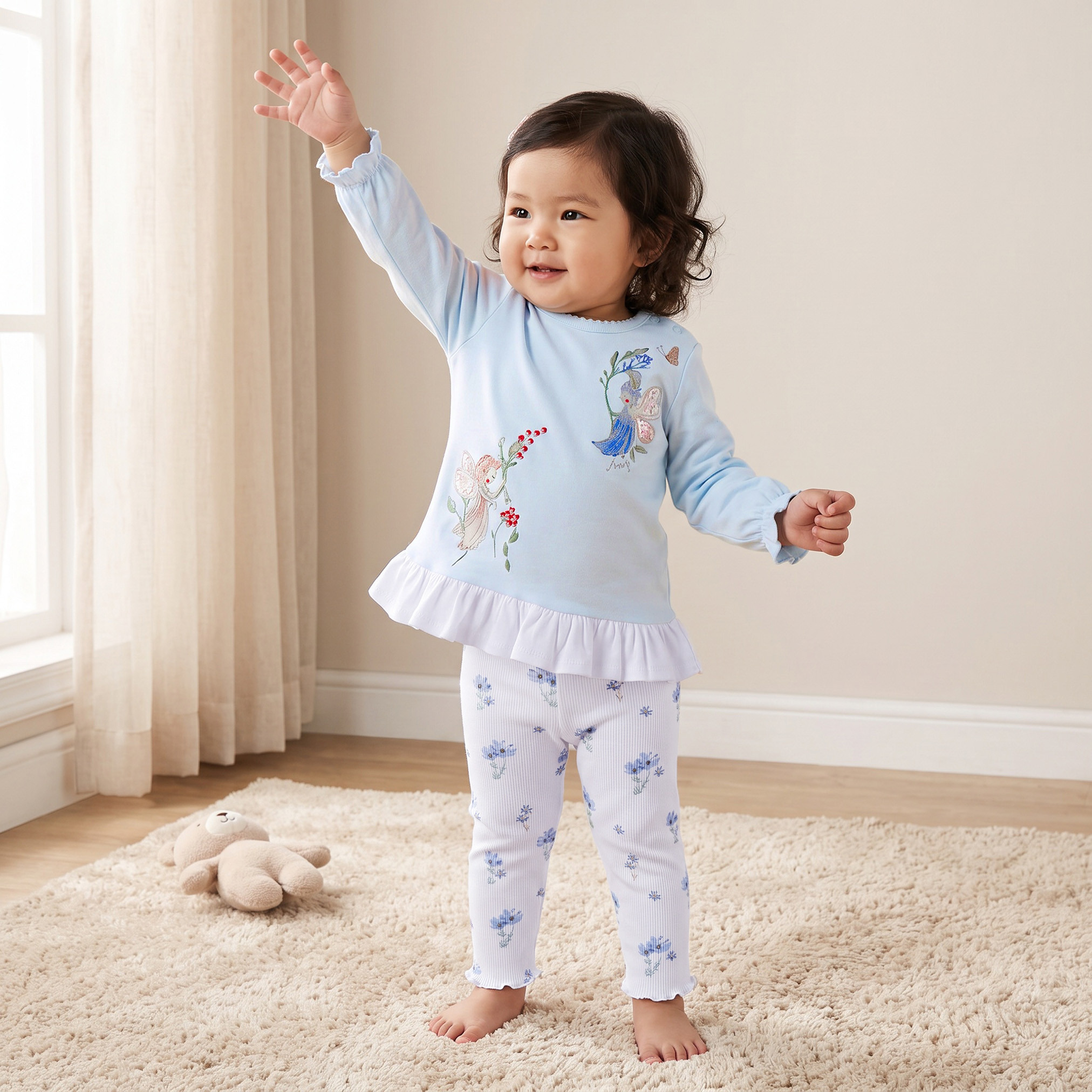 طقم بيجاما قطن بياقة ضيقة وأكمام طويلة وطبعات من جونيورز-baby-girls-clothing-nightwear-pyjamasets-image-1