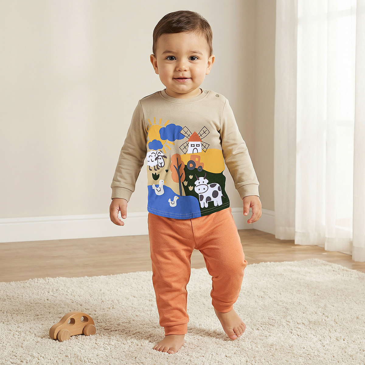 Juniors Farmyard Print T-shirt and Pyjama Set-baby-boys-clothing-nightwear-pyjamasets-image-1