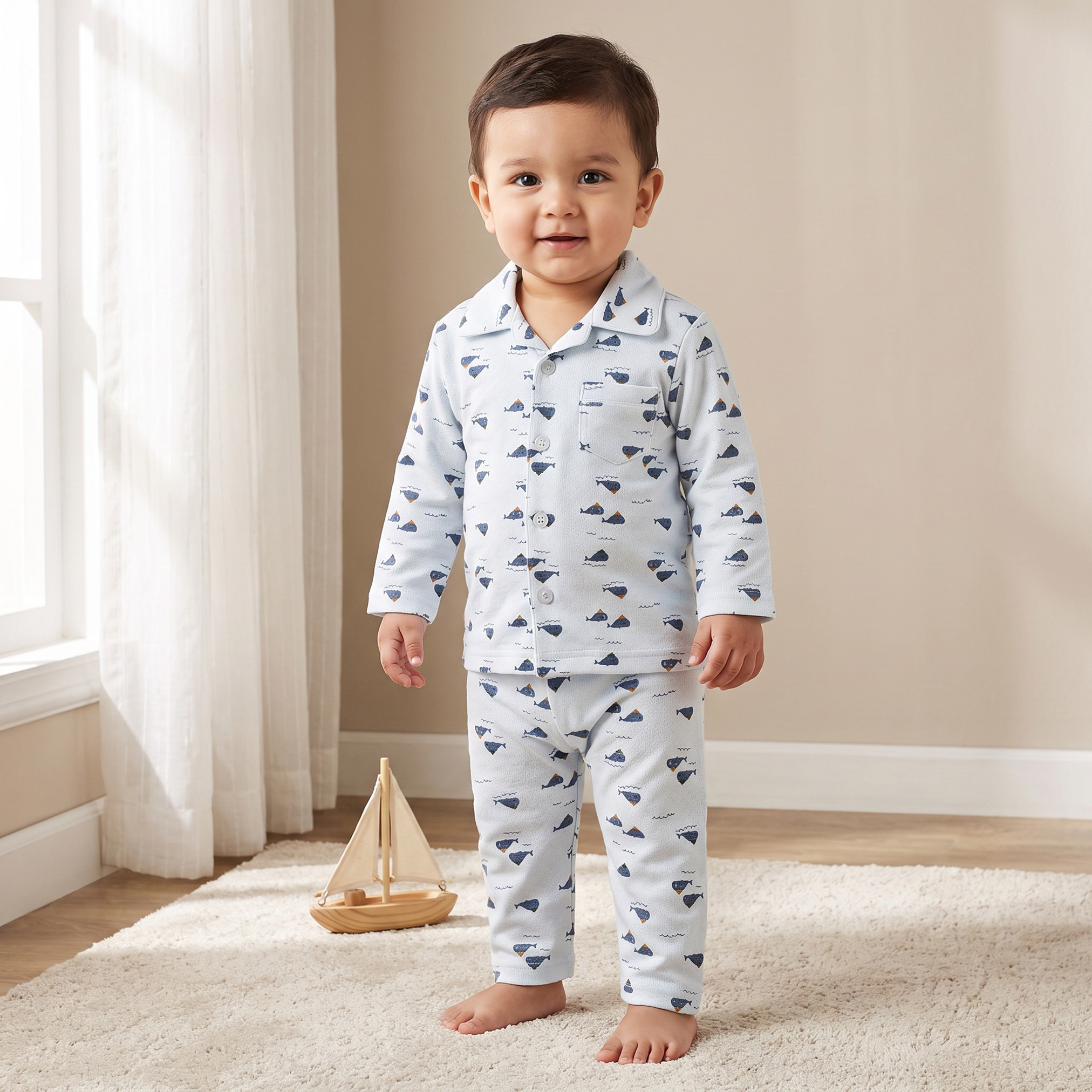 طقم بيجاما قطني بياقة وأكمام طويلة بطبعة حوت من جونيورز-baby-boys-clothing-nightwear-pyjamasets-image-1