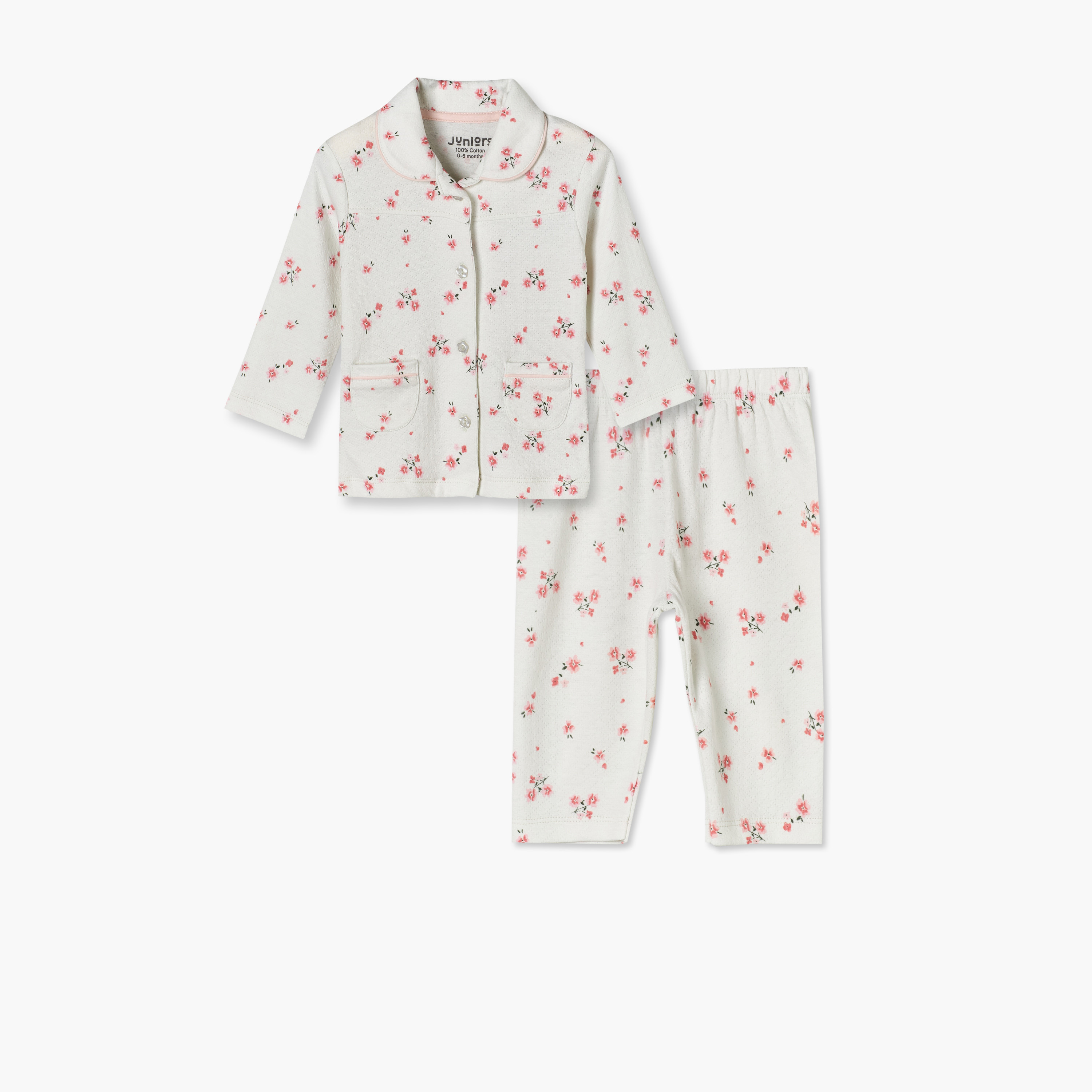 طقم بيجاما قطن بطبعات أزهار وأكمام طويلة وياقة عادية من جونيورز-baby-girls-clothing-nightwear-pyjamasets-image-2