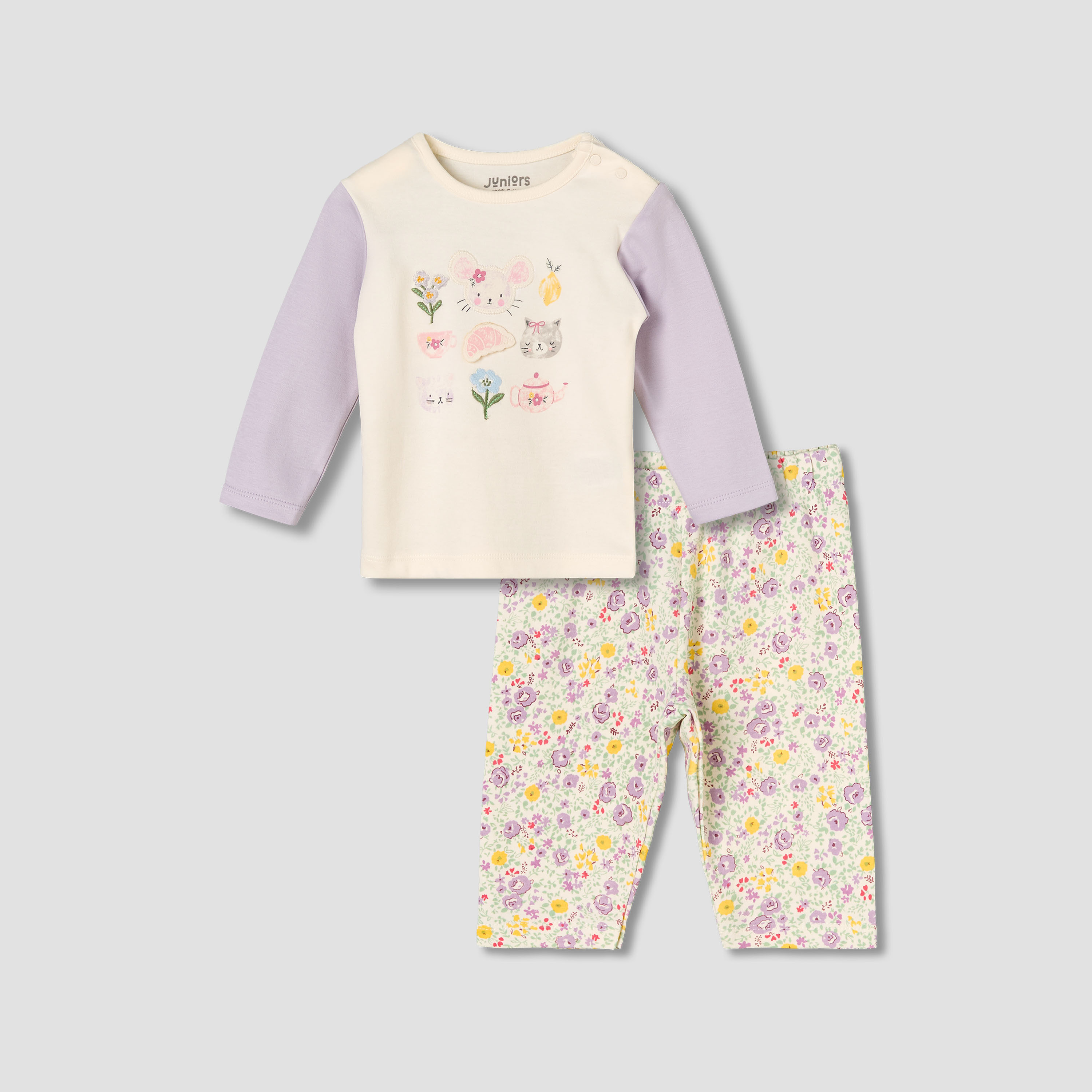Juniors Cotton Round Neck Long Sleeve Pyjama Set with Print-baby-girls-clothing-nightwear-pyjamasets-image-1