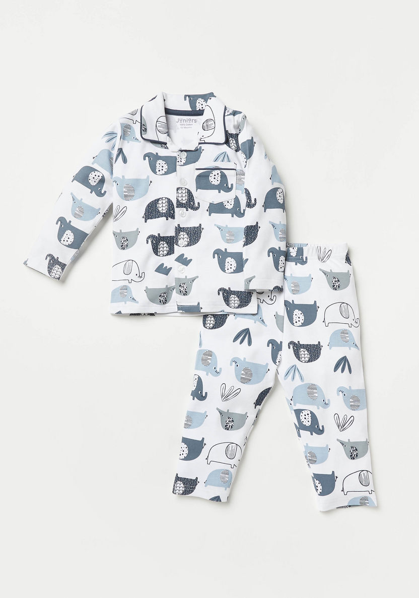 Juniors Elephant Print Long Sleeves Shirt and Pyjama Set-Pyjama Sets-image-0