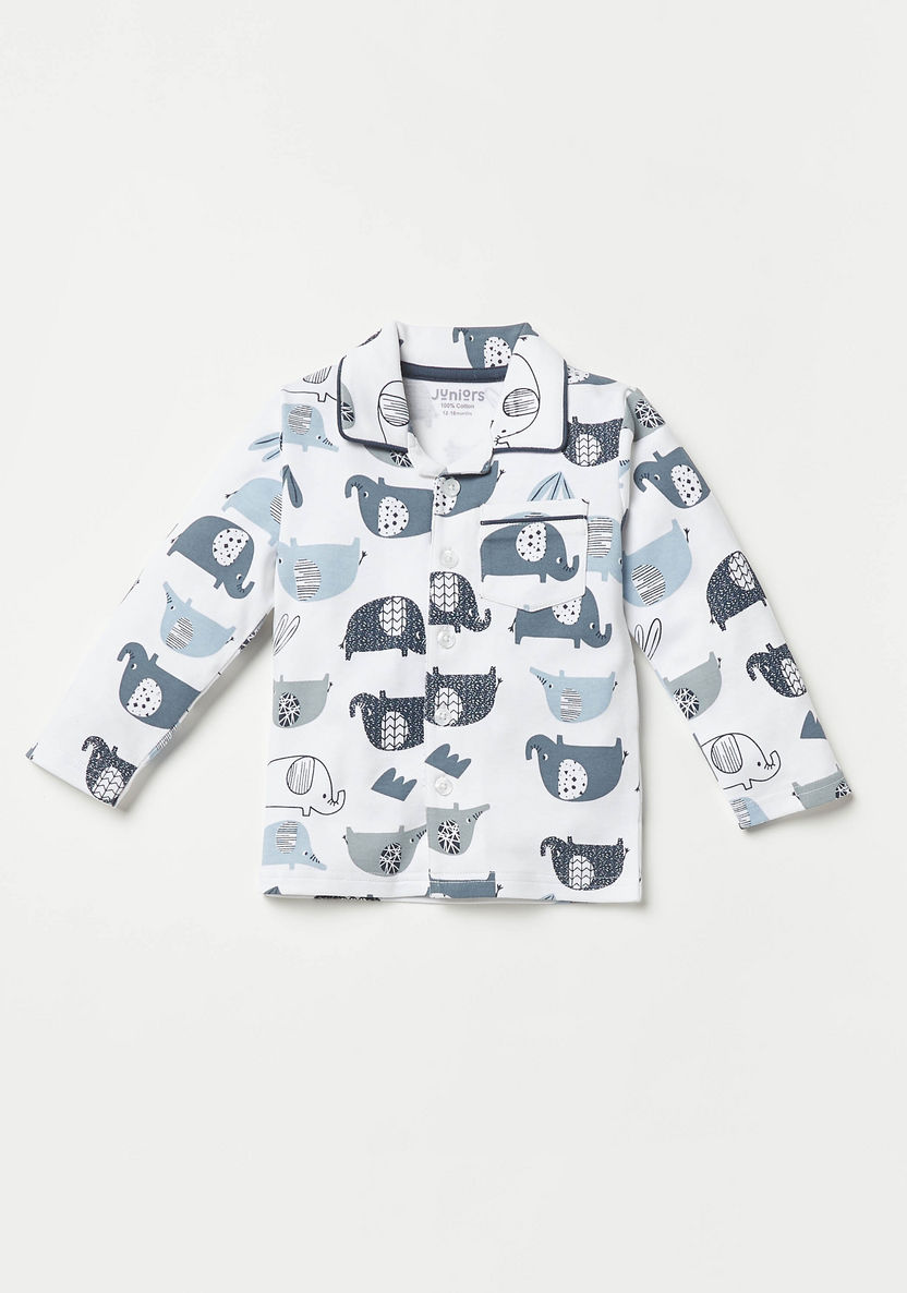 Juniors Elephant Print Long Sleeves Shirt and Pyjama Set-Pyjama Sets-image-1