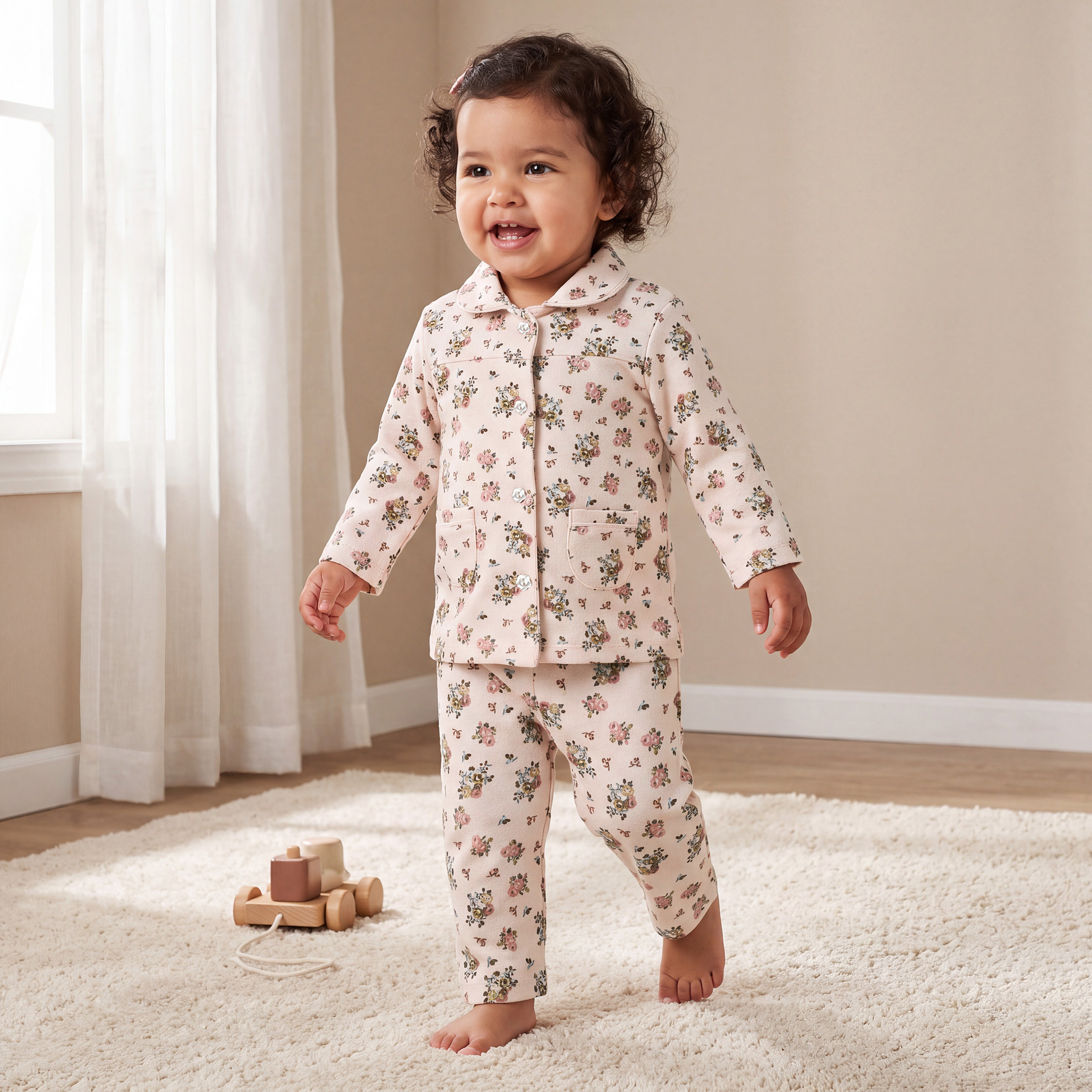 Juniors Cotton Collared Long Sleeves Pyjama Set with Floral Print-baby-girls-clothing-nightwear-pyjamasets-image-1