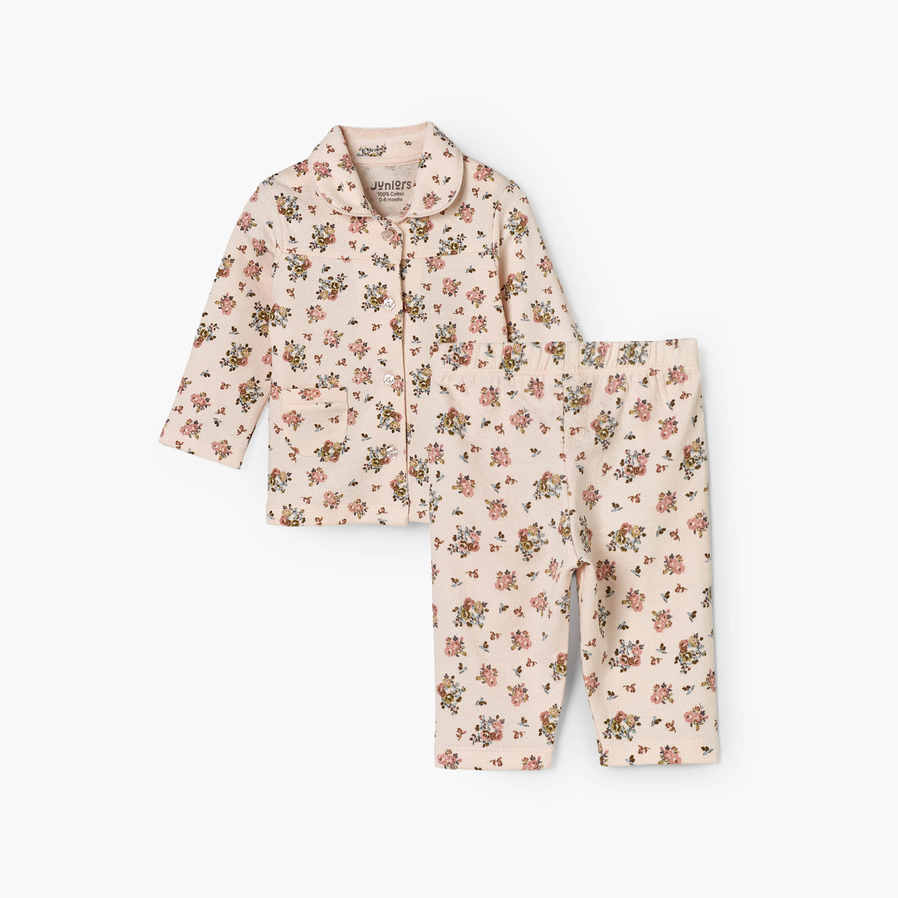 Juniors Cotton Collared Long Sleeves Pyjama Set with Floral Print-baby-girls-clothing-nightwear-pyjamasets-image-2