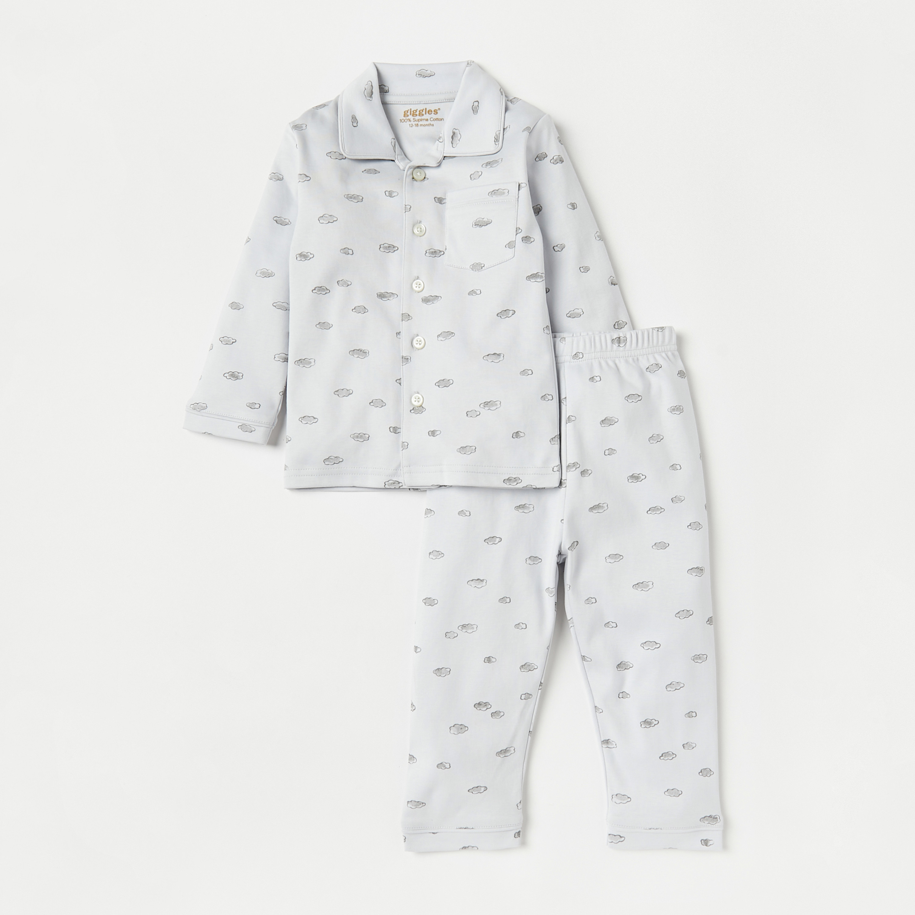 Giggles All-Over Cloud Print Long Sleeves Shirt and Elasticated Pyjama Set-baby-boys-clothing-nightwear-pyjamasets-image-1