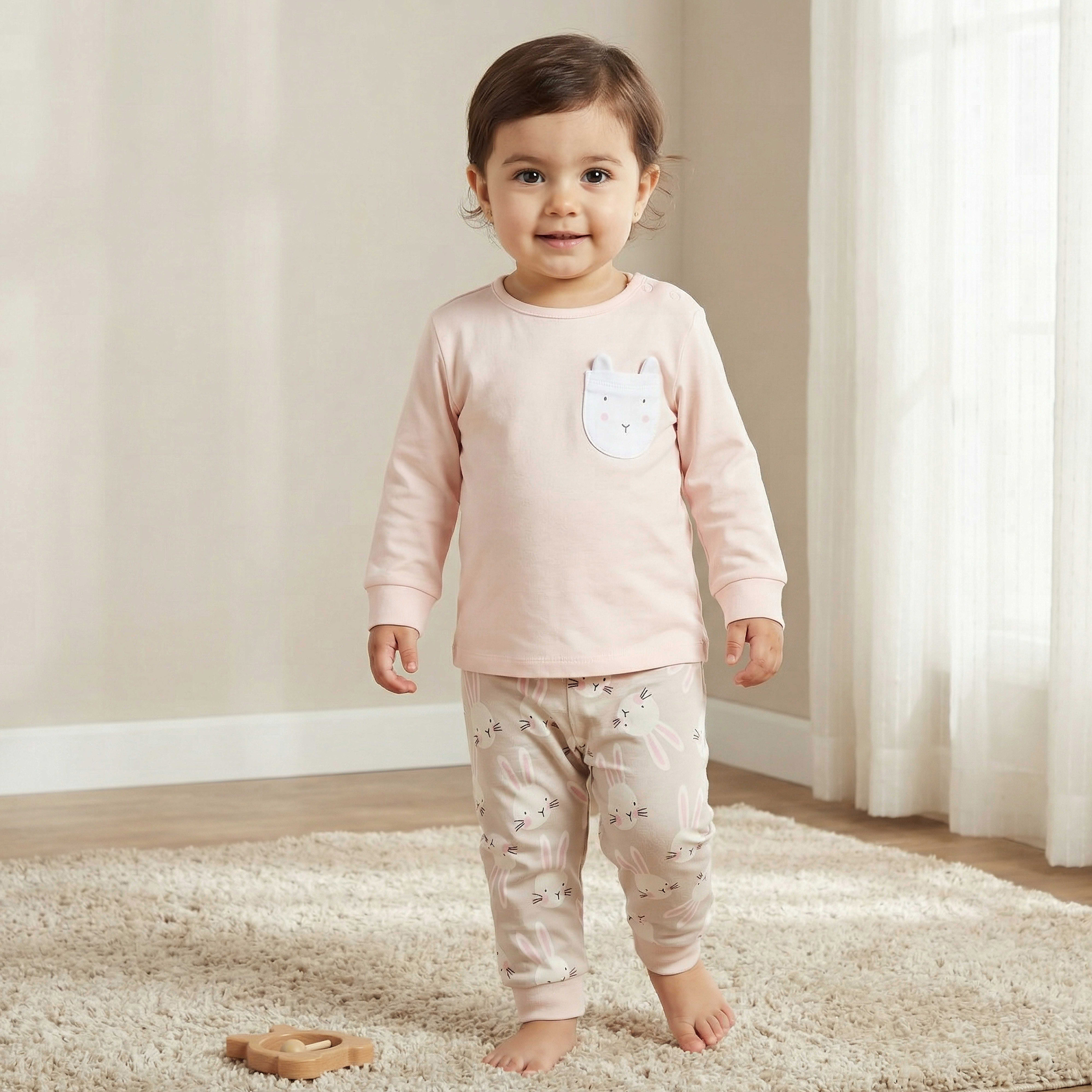 Juniors Cotton Round Neck Long Sleeve Pyjama Set with Bunny Print-baby-girls-clothing-nightwear-pyjamasets-image-1