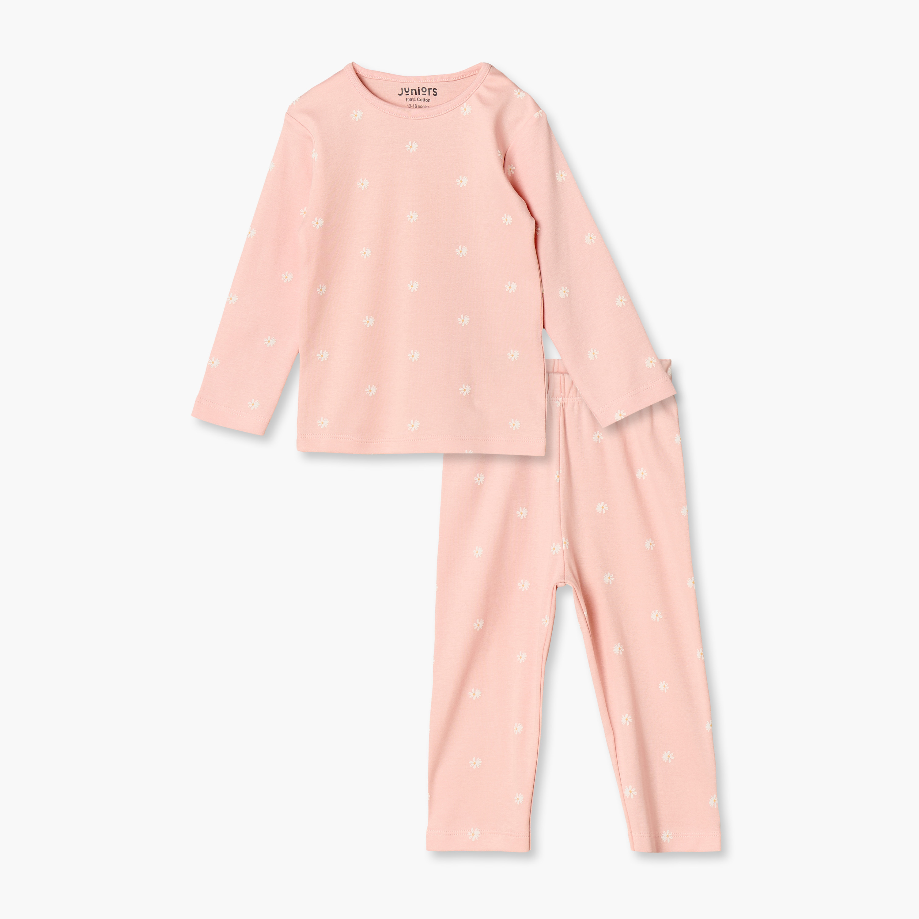 Juniors Cotton Crew Neck Long Sleeves Pyjama Set with Floral Print-baby-girls-clothing-nightwear-pyjamasets-image-1