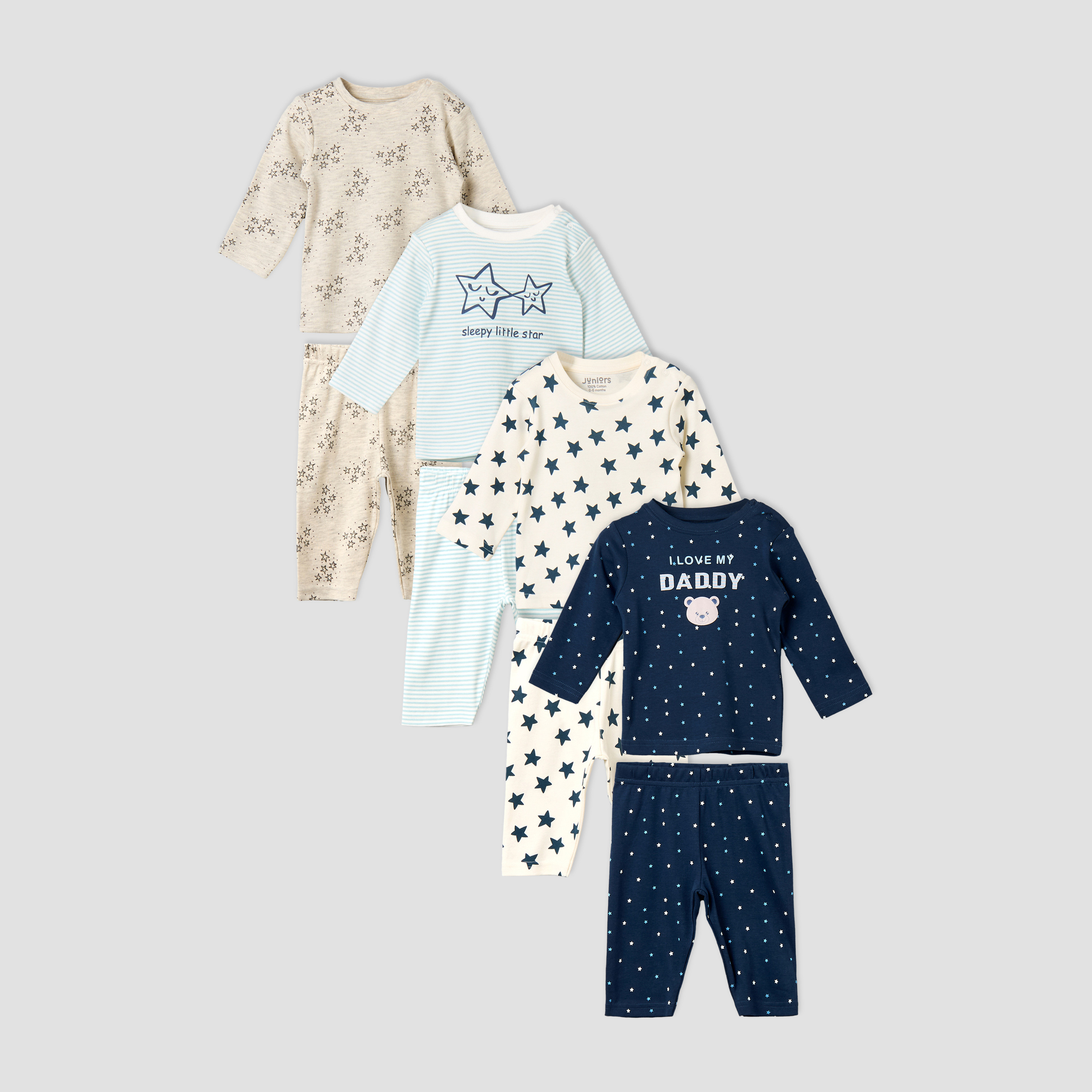 Pack of 4 Juniors Cotton Long Sleeves Pyjama Set with Star Print-baby-boys-clothing-nightwear-pyjamasets-image-1