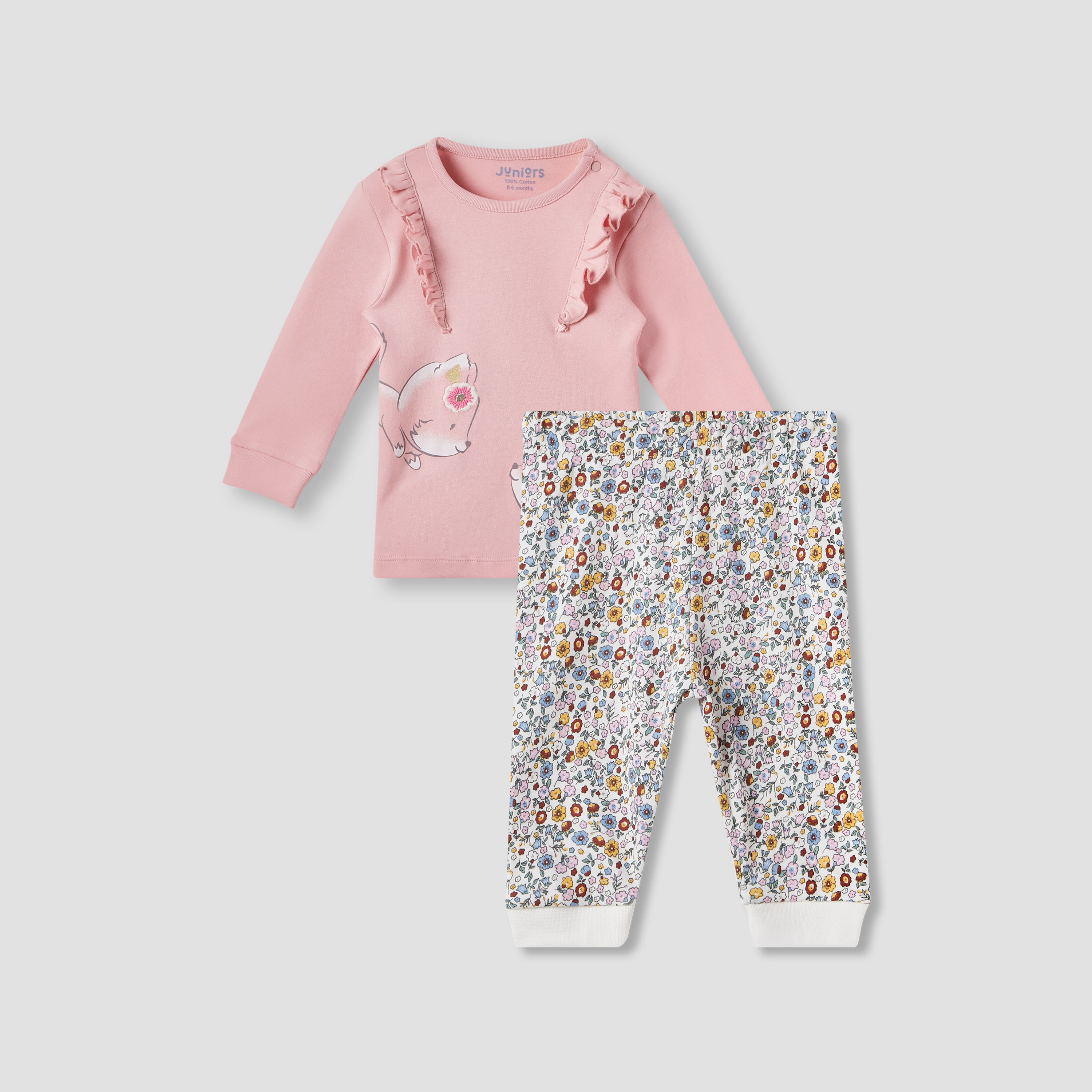 Juniors Fox Print Long Sleeve T-shirt and Pyjama Set-baby-girls-clothing-nightwear-pyjamasets-image-1