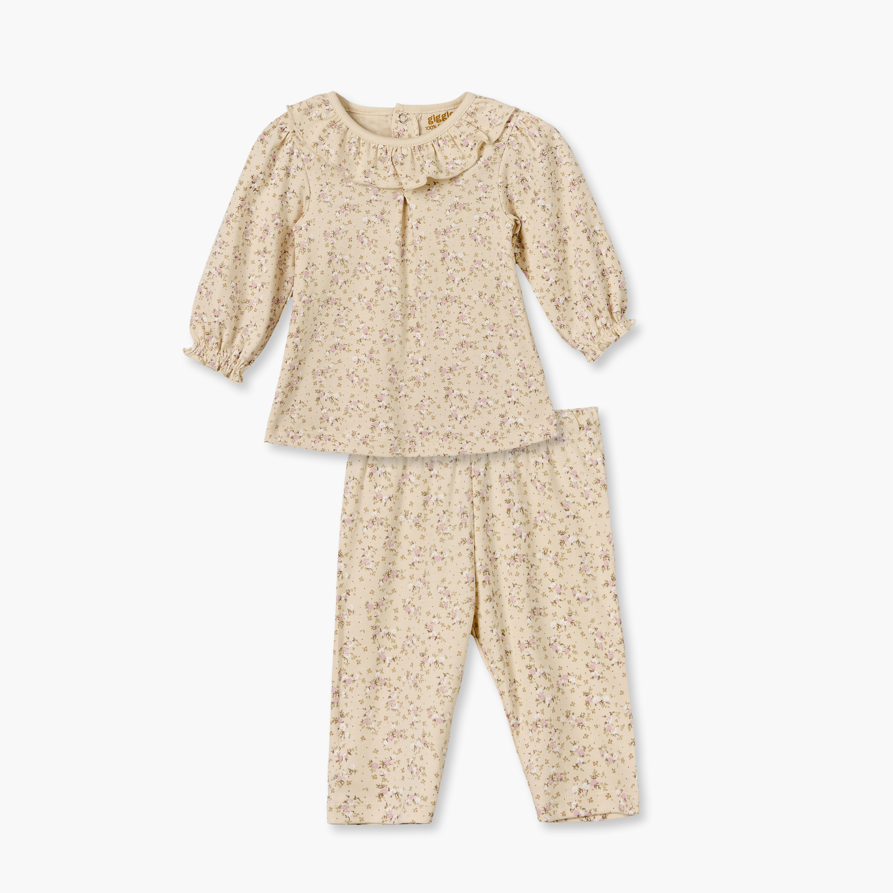 طقم بيجاما قطن بأكمام طويلة وياقة ضيقة وطبعات زهور من جيجلز-baby-girls-clothing-nightwear-pyjamasets-image-1