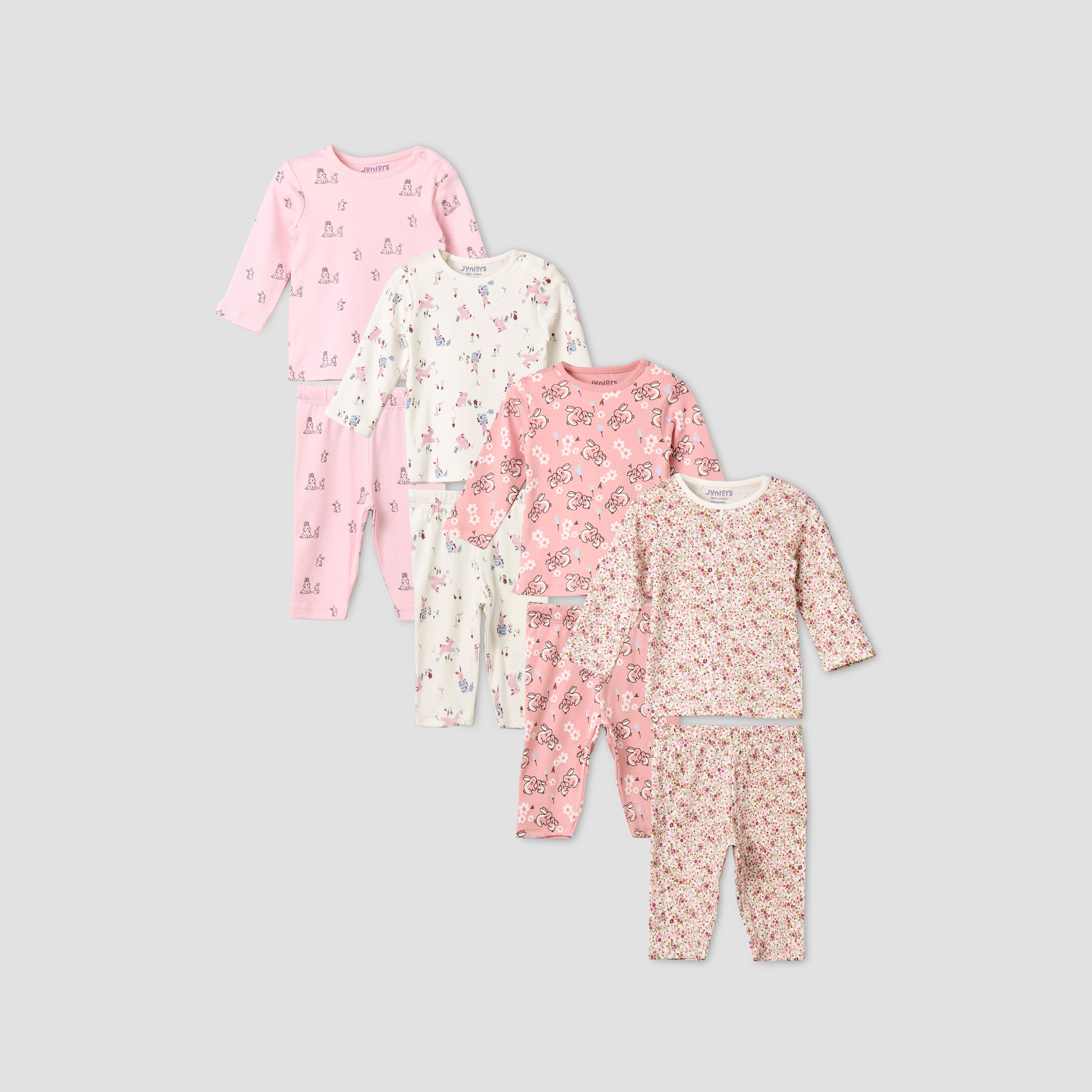 Pack of 4 Juniors Cotton Crew Neck Long Sleeves Pyjama Set with Fun Print-baby-girls-clothing-nightwear-pyjamasets-image-1
