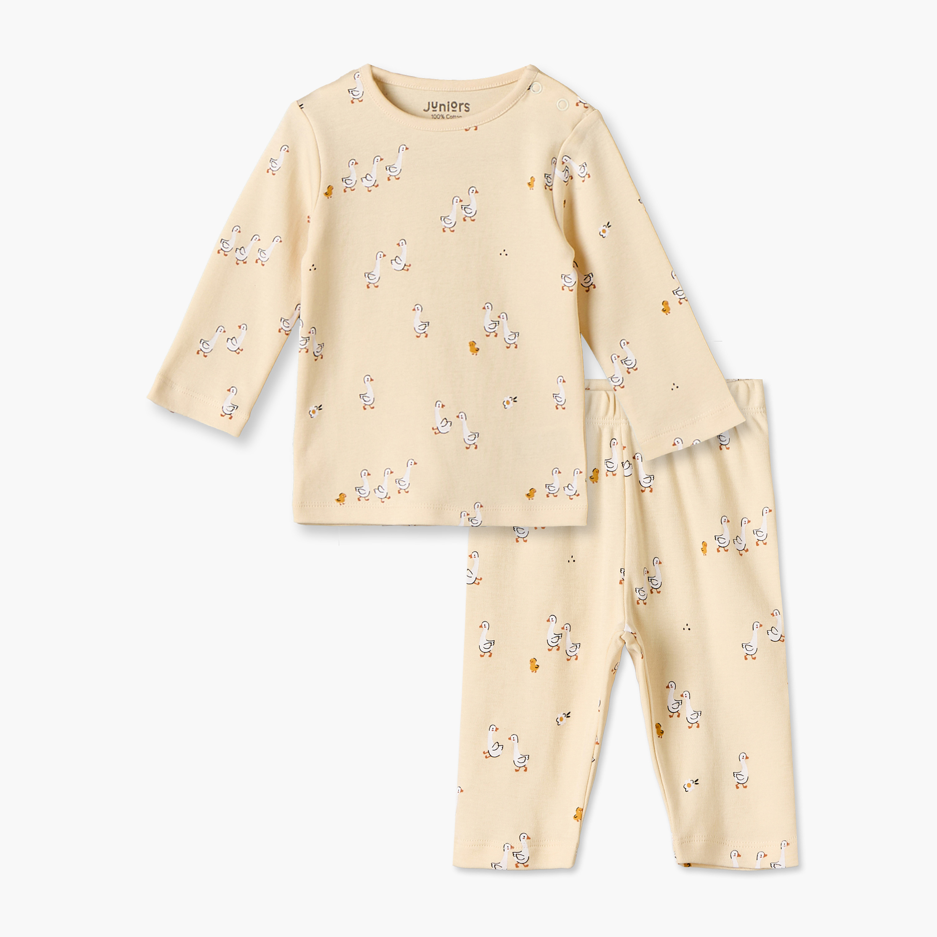 طقم بيجاما قطن بياقة ضيقة وأكمام طويلة بطبعات من جونيورز-baby-girls-clothing-winterwear-pyjamasets-image-1