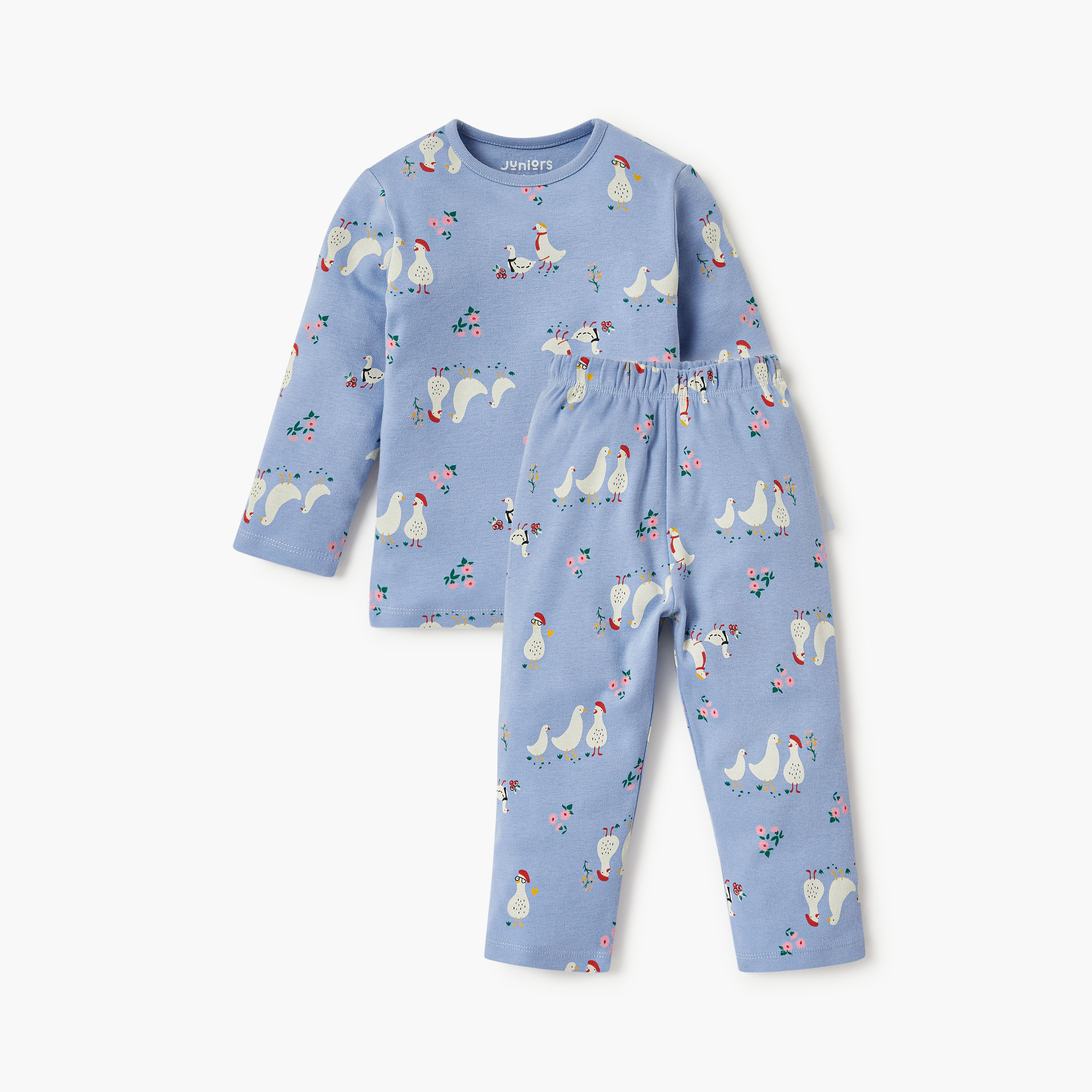 طقم بيجاما بأكمام طويلة وياقة مستديرة بطبعات - قطن من جونيورز-baby-girls-clothing-nightwear-pyjamasets-image-1
