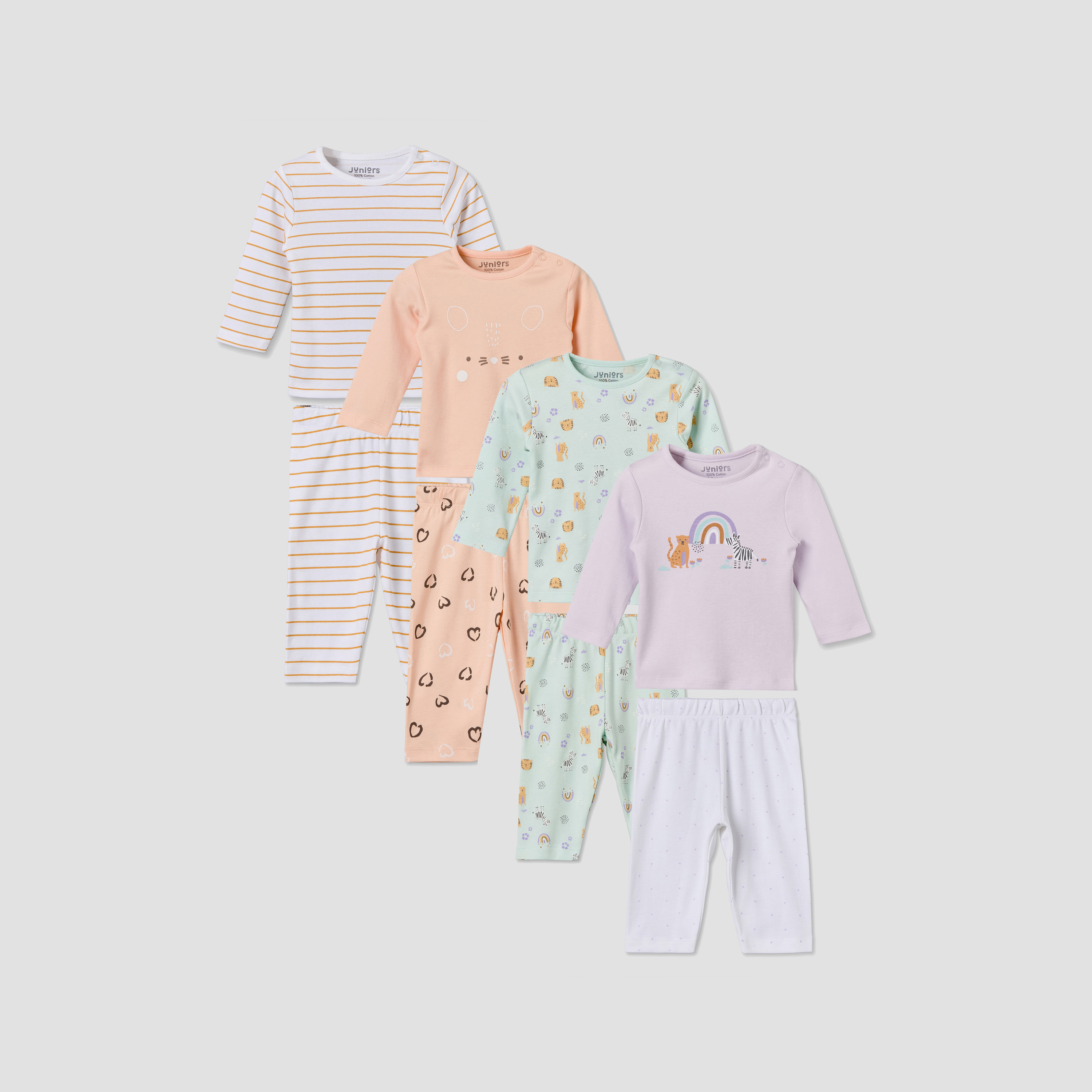 Set of 4 Juniors Cotton Crew Neck Long Sleeve Pyjama Set with Assorted Print-baby-girls-clothing-nightwear-pyjamasets-image-1
