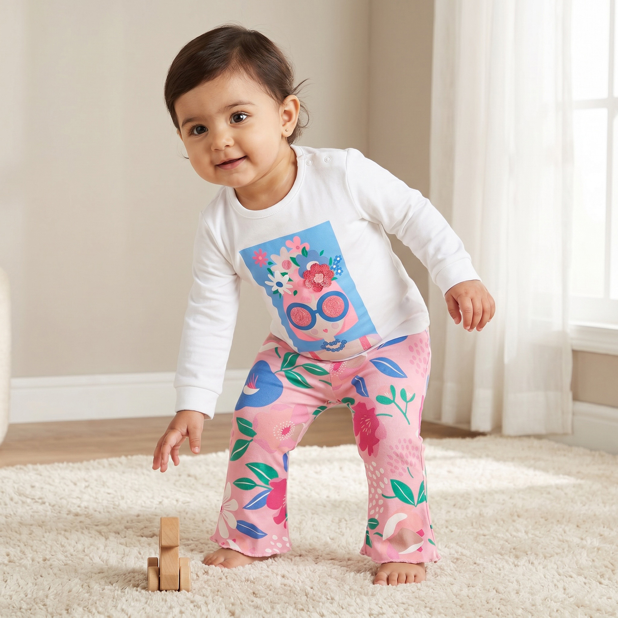 طقم بيجاما قطن بياقة مستديرة وأكمام طويلة وطبعات من جونيورز-baby-girls-clothing-nightwear-pyjamasets-image-1