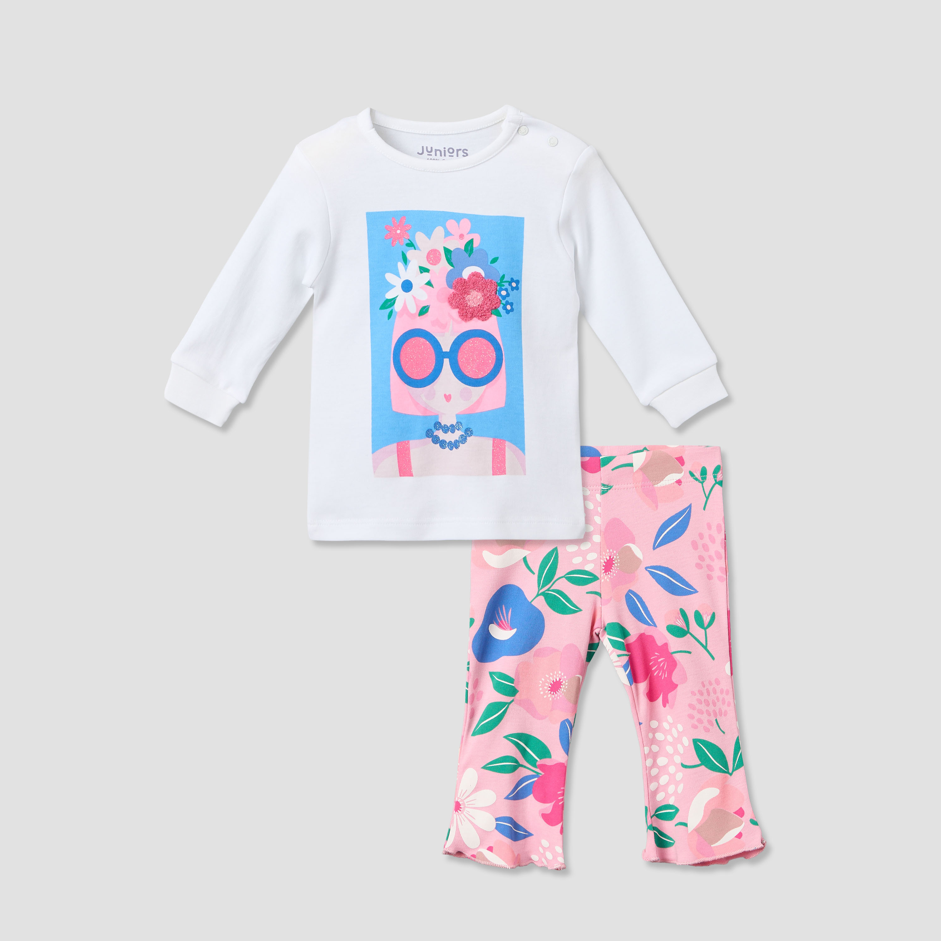طقم بيجاما قطن بياقة مستديرة وأكمام طويلة وطبعات من جونيورز-baby-girls-clothing-nightwear-pyjamasets-image-2