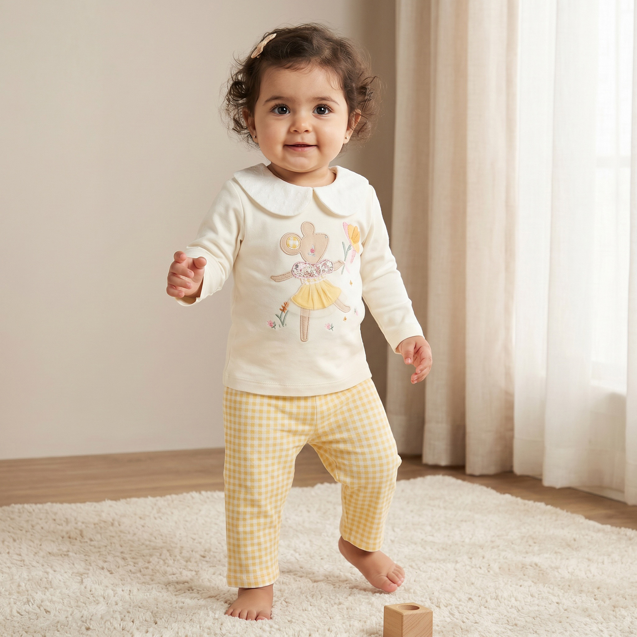 Juniors Cotton Peter Pan Collar Long Sleeves Pyjama Set with Mouse Applique-baby-girls-clothing-nightwear-pyjamasets-image-1