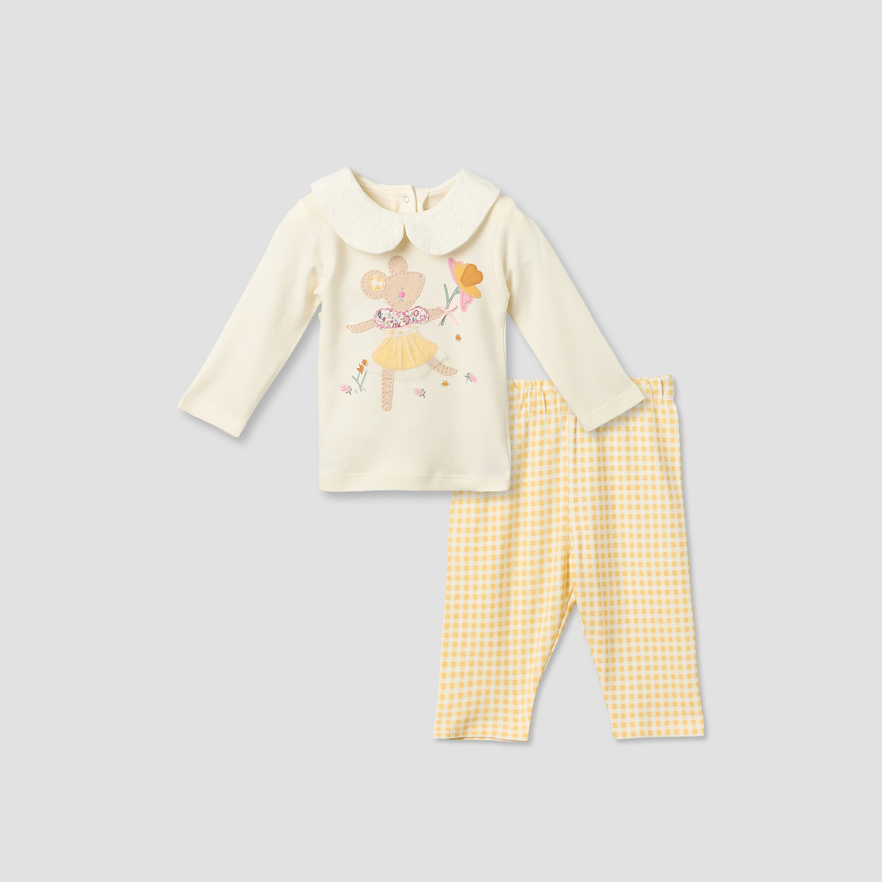 Juniors Cotton Peter Pan Collar Long Sleeves Pyjama Set with Mouse Applique-baby-girls-clothing-nightwear-pyjamasets-image-2