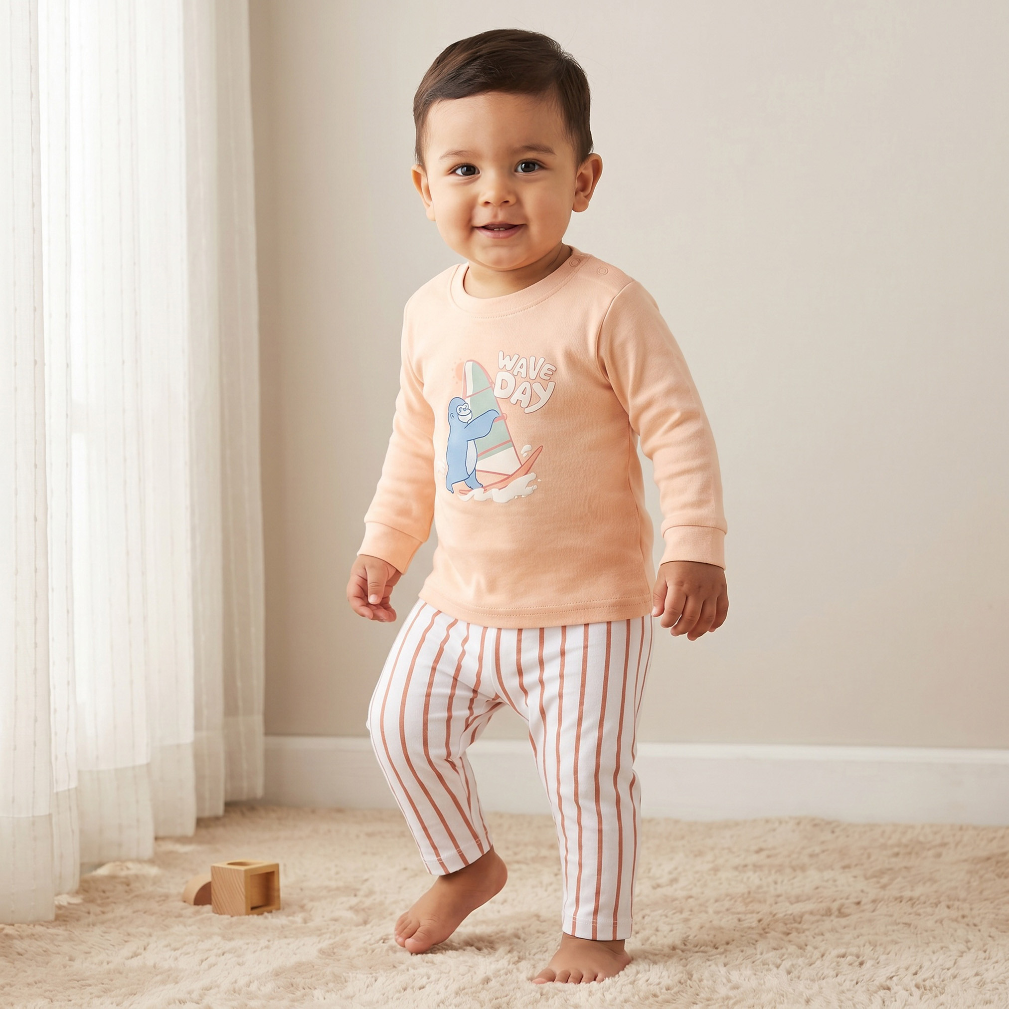 طقم بيجاما قطن بياقة ضيقة وأكمام طويلة وطبعات سيرف من جونيورز-baby-boys-clothing-nightwear-pyjamasets-image-1